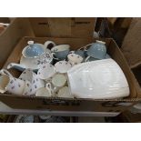 Box containing rose patterned china plus Royal Doulton Rose Elegans crockery