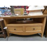 Oak bow fronted TV cabinet with shelf and 2 drawers under