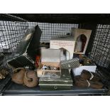 (1) Cage containing belts, weight, cash box, commemorative, decanters plus silver platted flagons