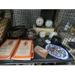 Cage containing quartz alarm clocks, silver plate and ordnance survey maps