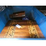 Cage containing a Victorian marquetry sewing box plus trinket boxes and mid-20th century coinage