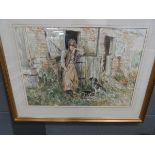 Framed and glazed Gordon King watercolour 'Girl, dogs and derelict barn'