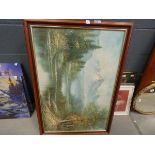 Modern oil on canvas 'Lakes with snowy mountains' plus wall hangings with tree bark and Parisian