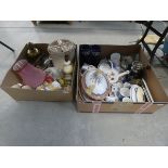 2 boxes containing Royal Worcester and other crockery, ornamental posies, table lamps, a bread