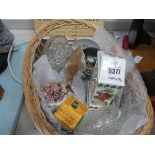 Small wicker basket plus an ornamental posy, ornamental cottage, glassware and a Portmeirion