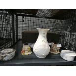 Cage containing lilliput lane cottages a belleek vase and 2 lidded trinket pots