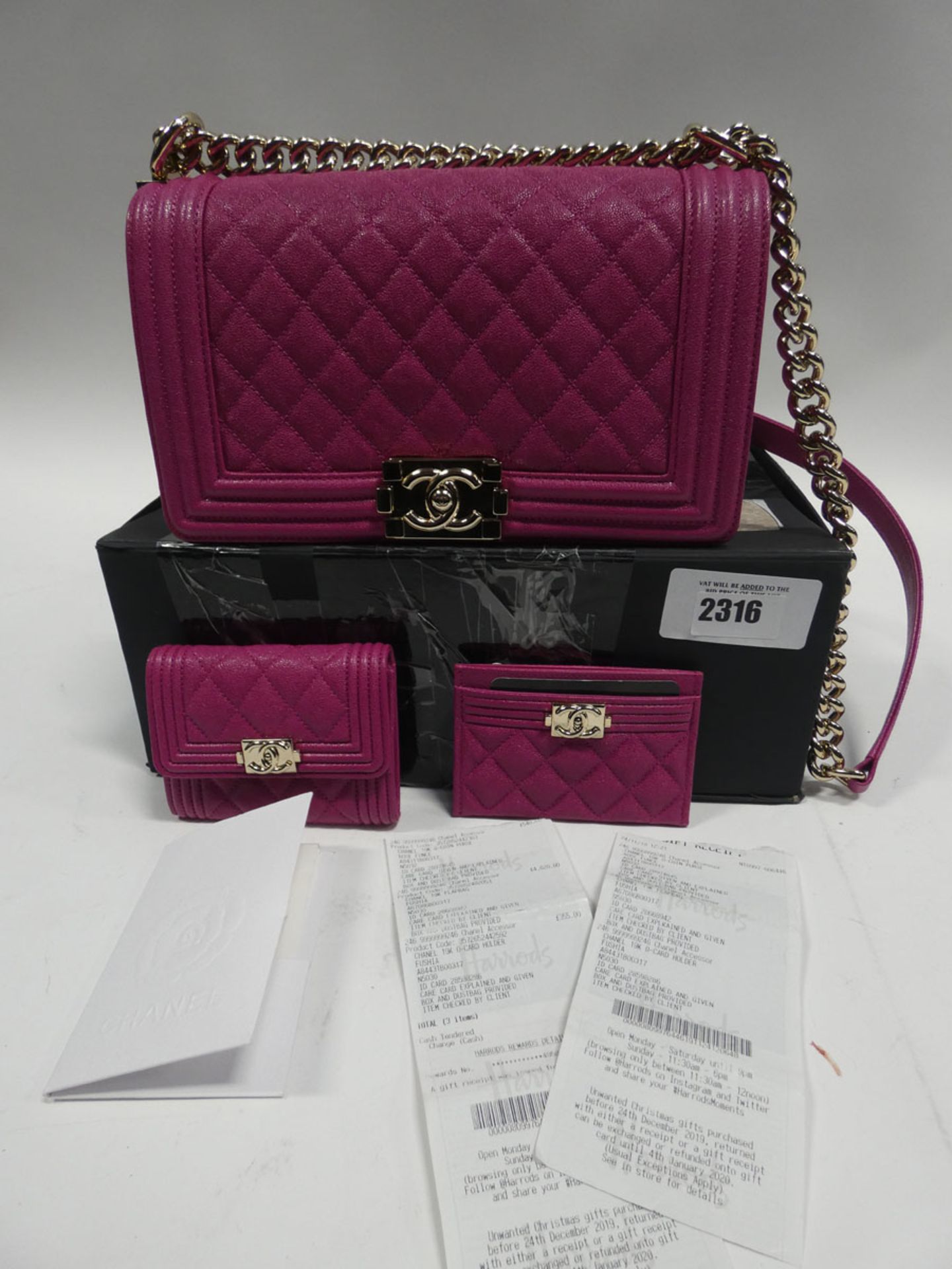 Chanel 19K Flap Bag, Chanel coin purse and Chanel card holder in pink with box, documents and