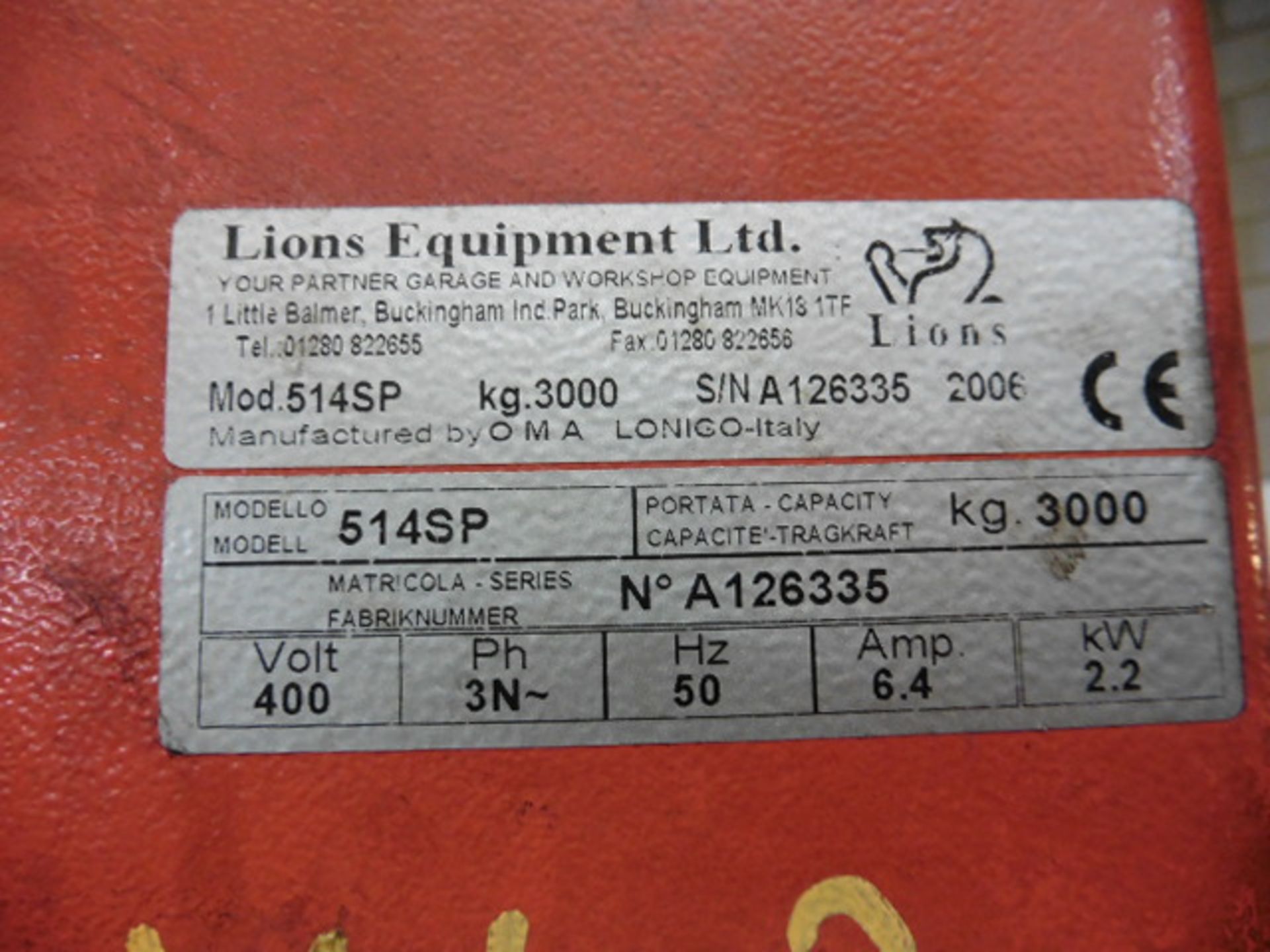 Lions Equipment model 514SP 3000kg, 2 post lift, Yr 2006, 3ph (dismantled) - Image 2 of 6