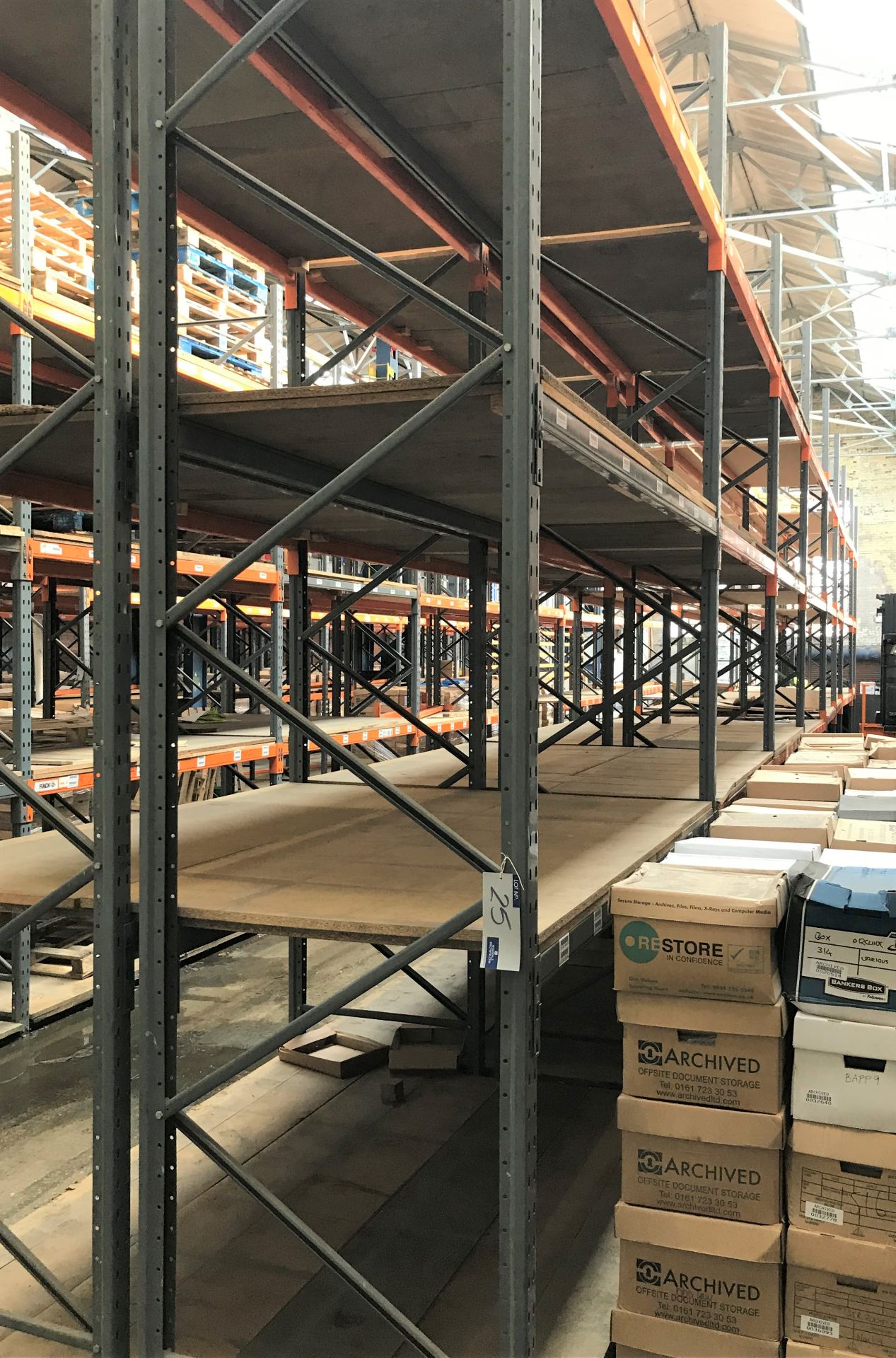 8 bays of 3 tier Boltless Steel Pallet Racking with Boarded Shelving comprising: 9 Dexion