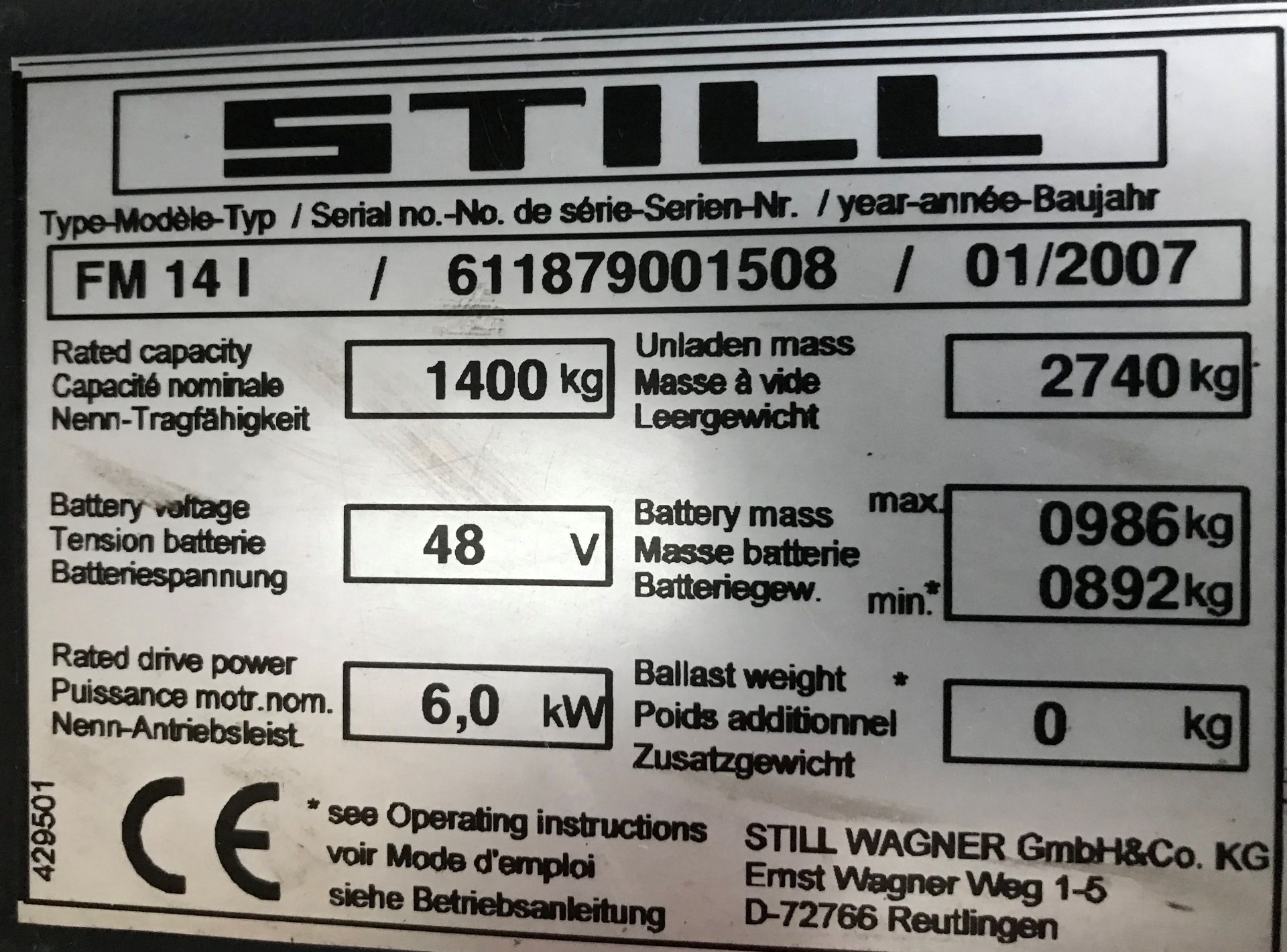 A Still FM14I Electric Fork Lift Reach Truck No.611879001508 (1/2007), 1400kg capacity, 2740kg - Image 5 of 10