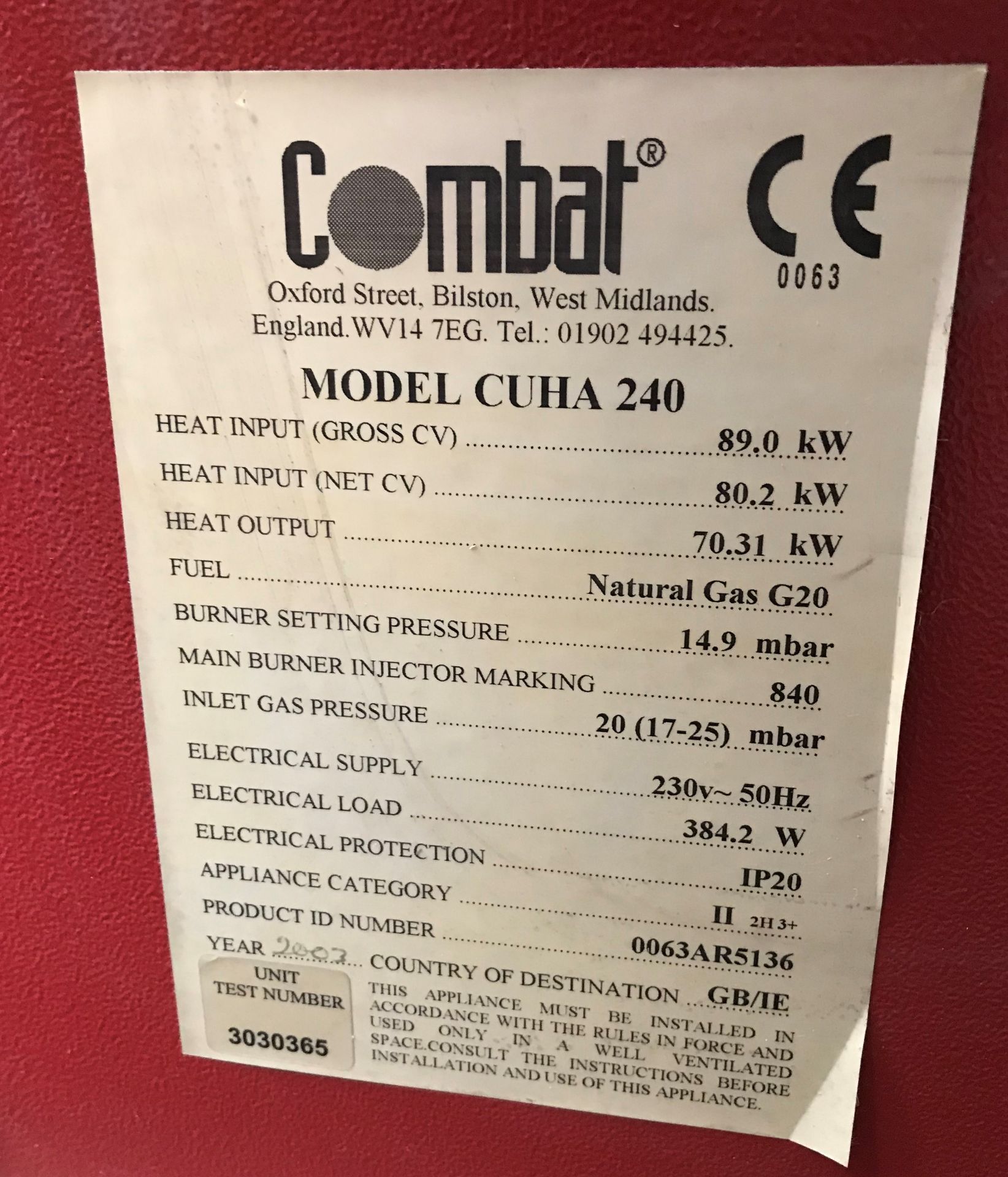 A Combat Model CUHA240 Natural Gas Fired Space Heater, 70.31kW, disconnected (collection by - Image 4 of 5