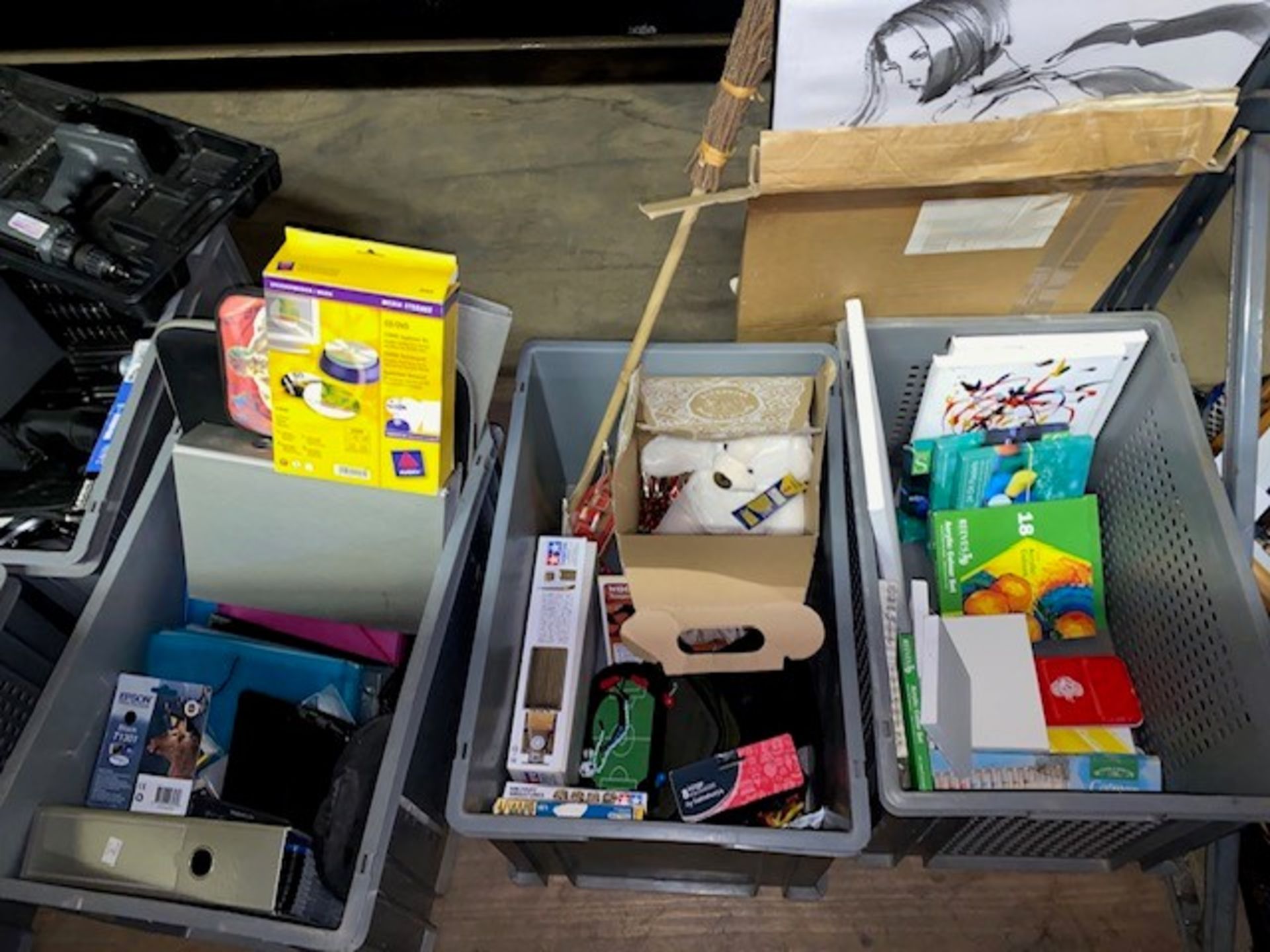 A Mixed Lot in 3 Grey Crates comprising: arts and crafts supplies; toys; laptop cases; cd holders;