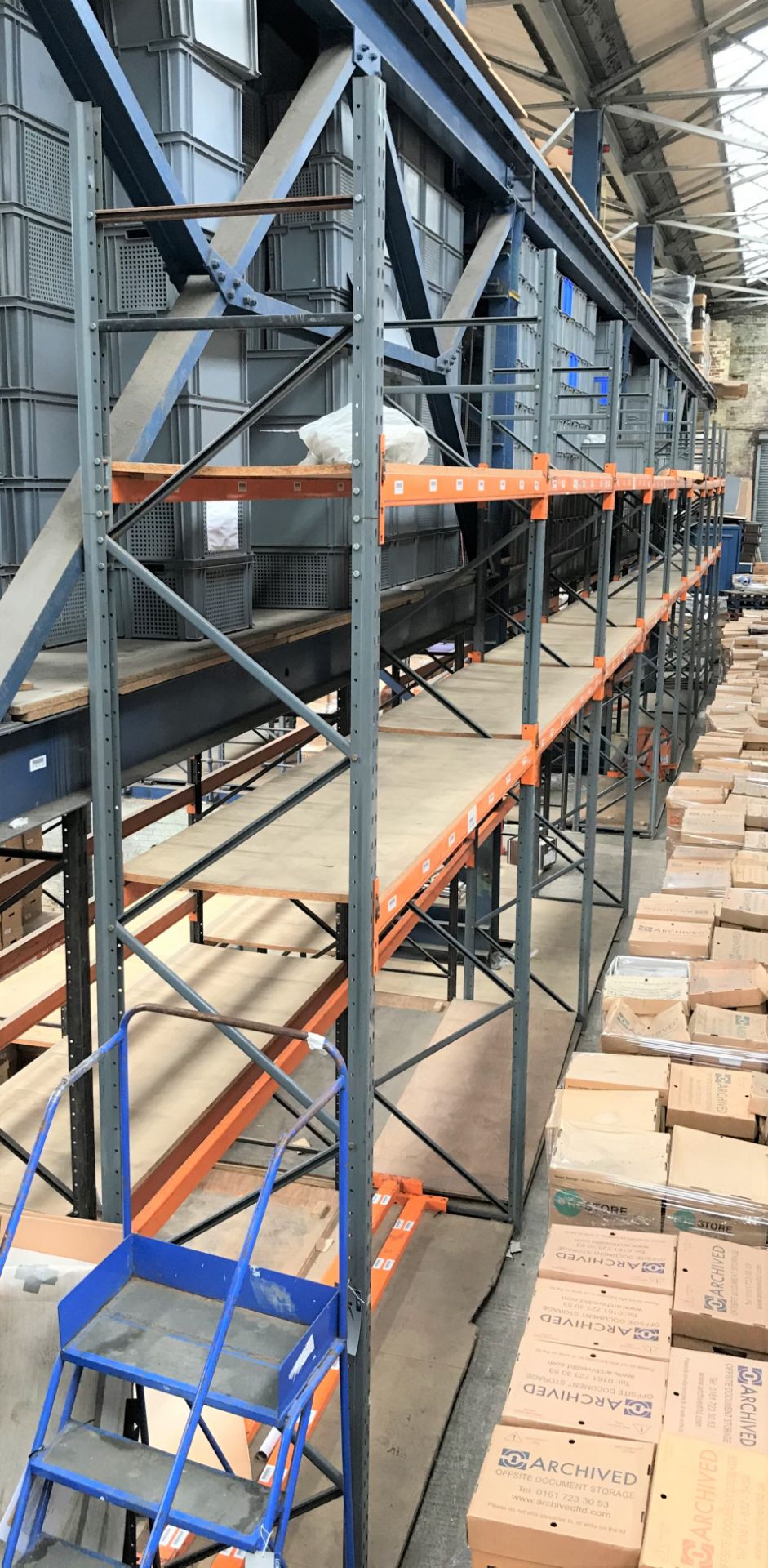 9 bays of 3 tier Boltless Steel Pallet Racking with Boarded Shelving comprising: 10 Dexion Speedlock