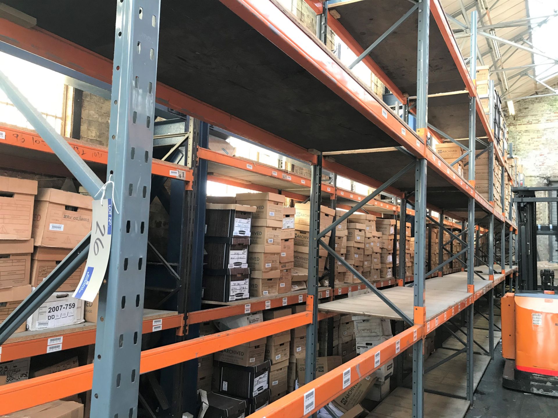 9 bays of 3 tier Boltless Steel Pallet Racking with Boarded Shelving comprising: 8 Dexion