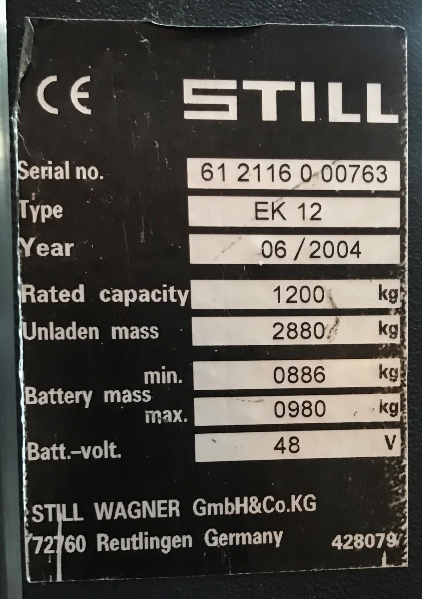 A Still EK12 Electric High Level Order Picker No.61 2116 0 00763 (2/2004), 1200kg capacity, 2880kg - Image 7 of 11