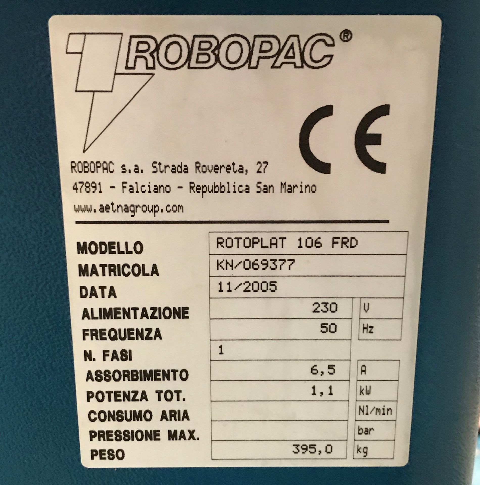 A Robopac ROTOPLAT 106 FRD Pallet Wrapping Machine No.KN/069377 (11/2005), 1640mm dia turntable, - Image 5 of 5