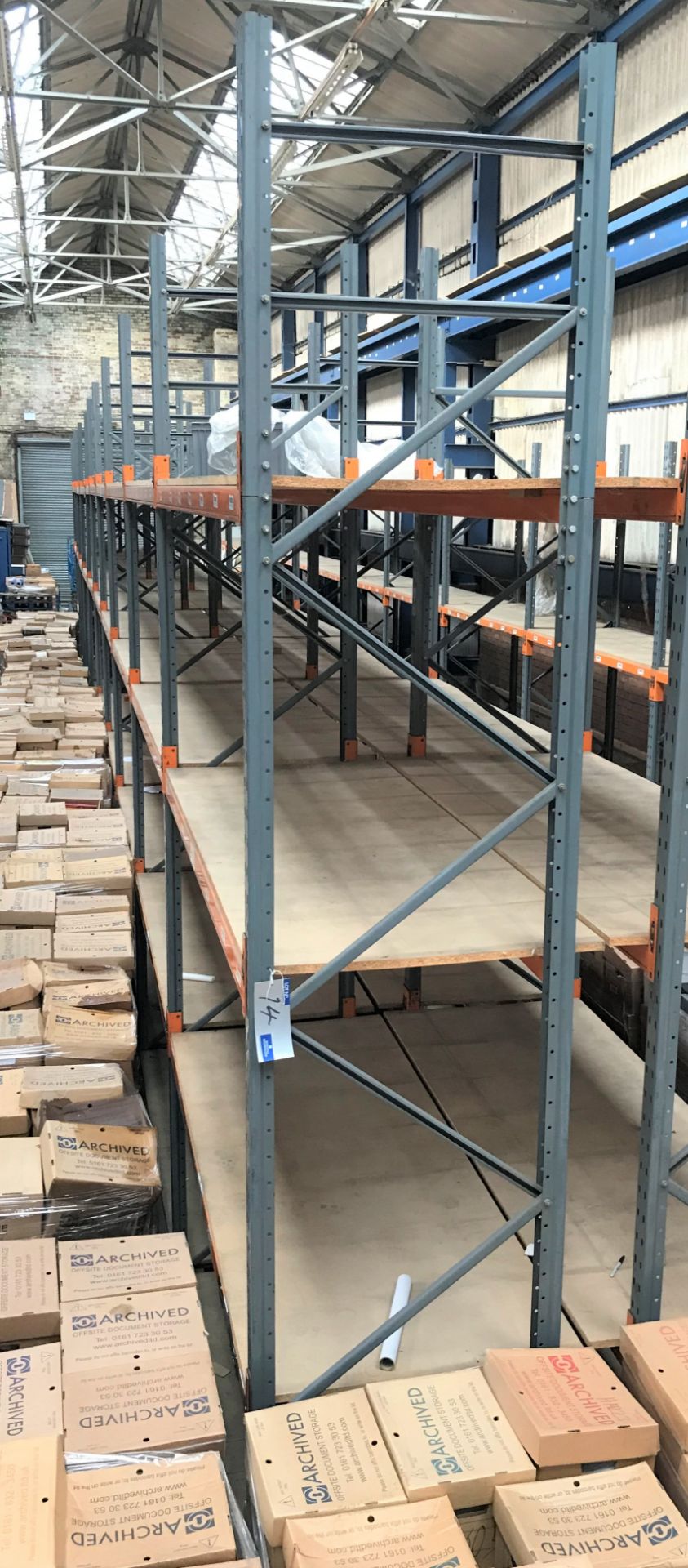 10 bays of 3 tier Boltless Steel Pallet Racking with Boarded Shelving comprising: 11 Dexion