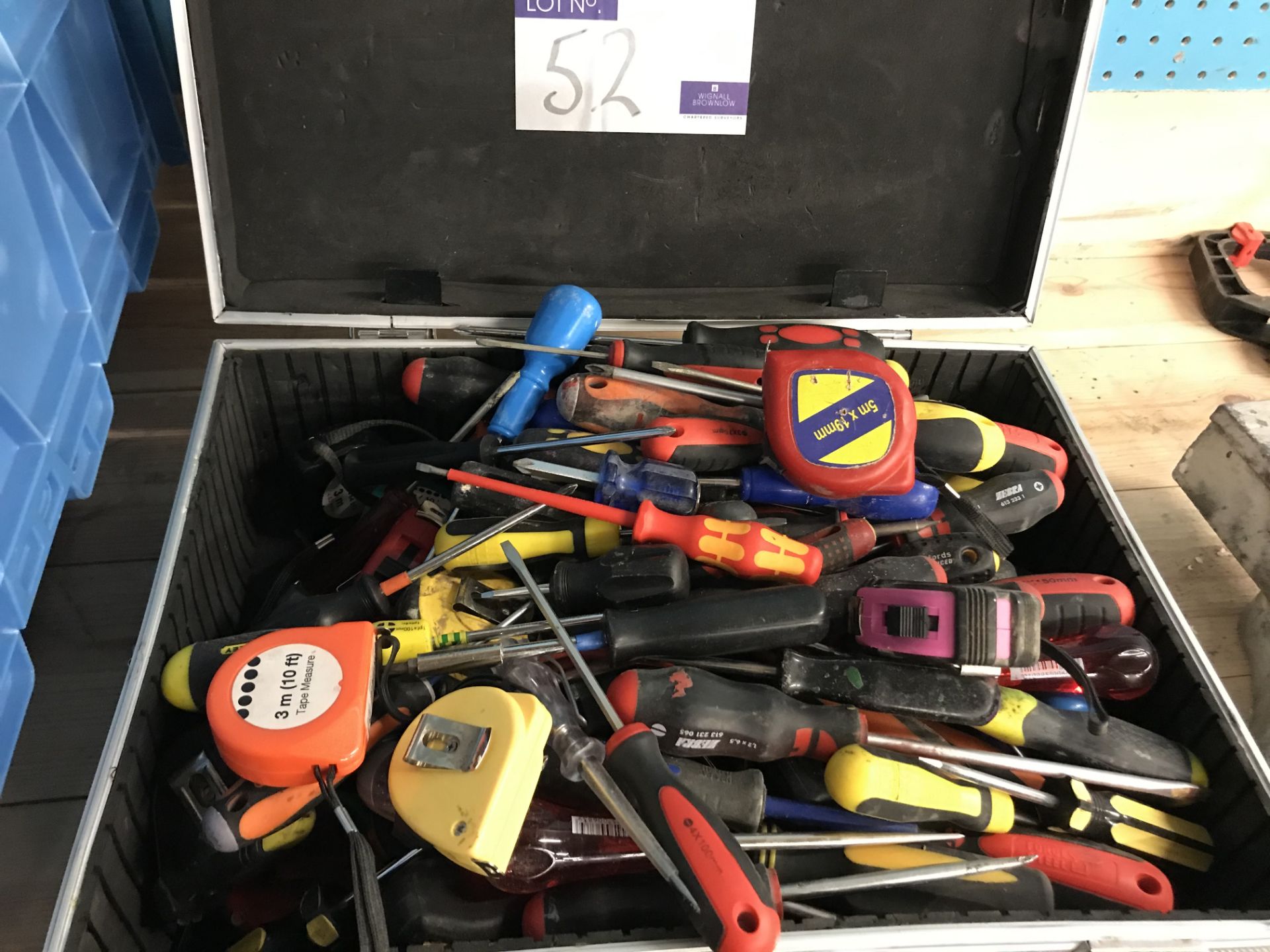 Assorted Screwdrivers and Tape Measures in carry case.