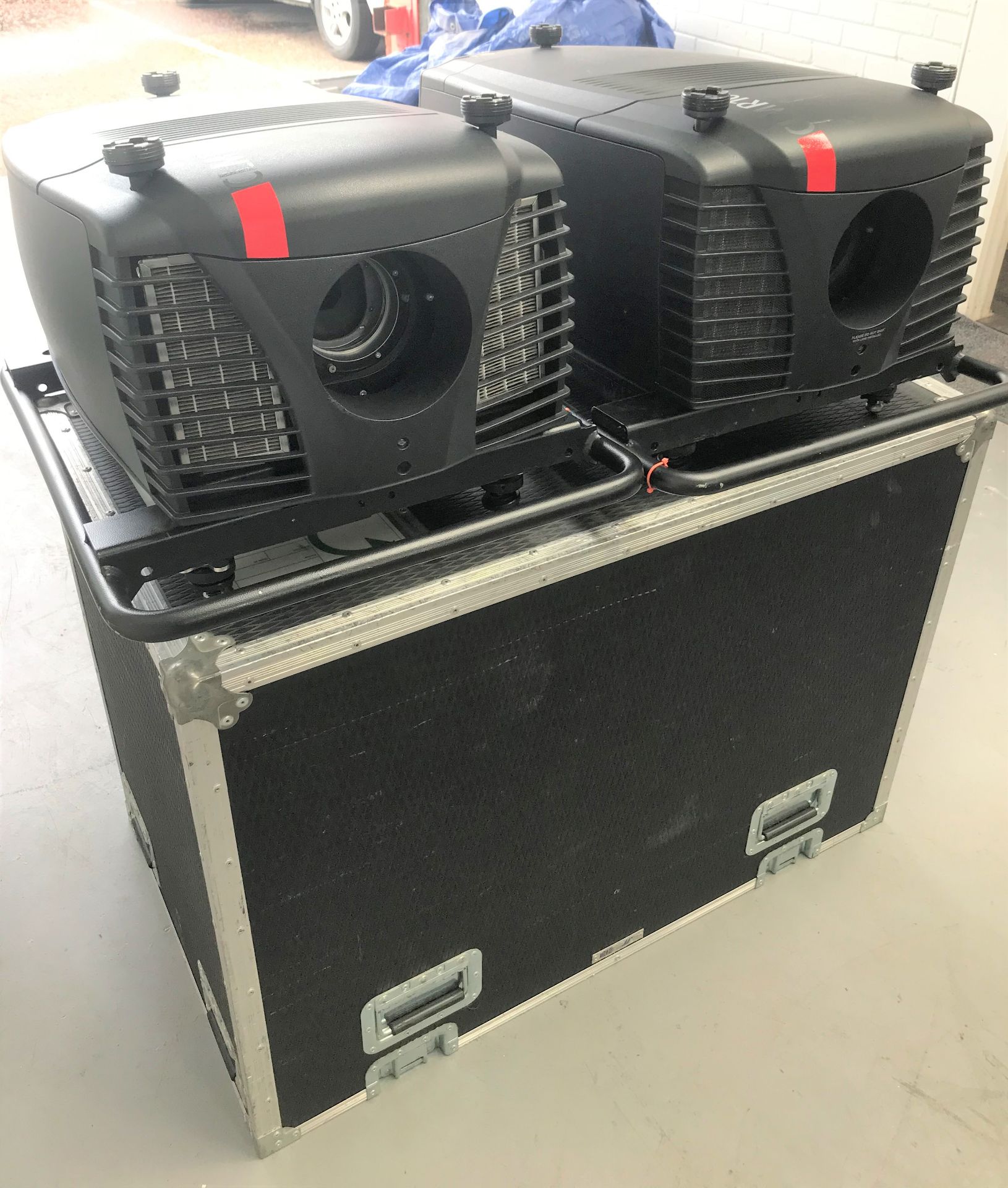 2 Barco CLM R10+ DLP Projectors No.1458719, 1458527, 10000 lumen with accessories and mobile
