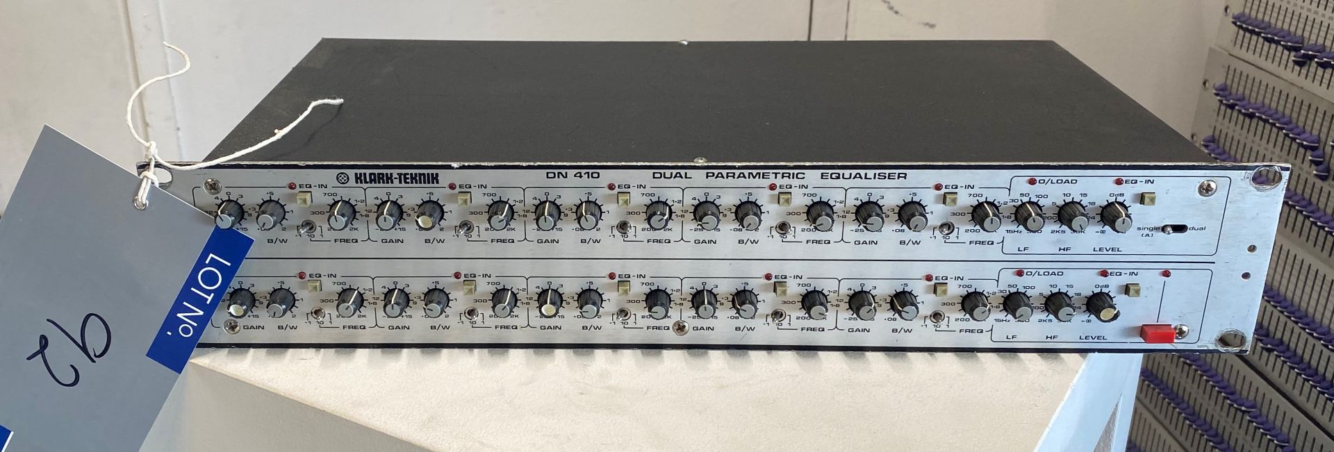 A Klark Teknik DN 410 Dual Parametric Equalizer (located at 17 Deer Park Road, London, SW19 3QG).