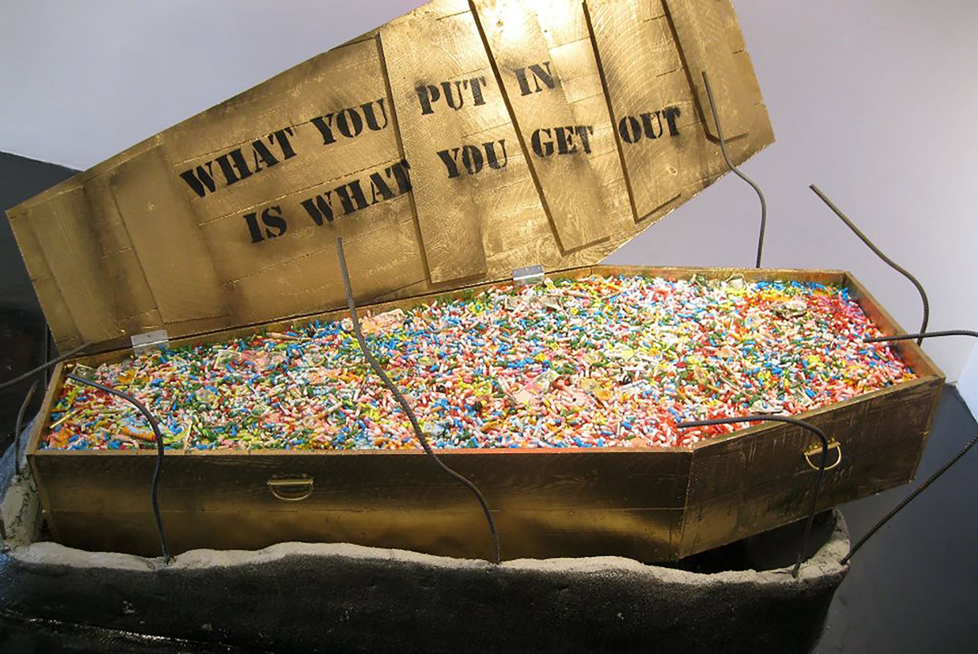 Maximilian Wiedemann "You get out what you put in" full-size Coffin Sculpture