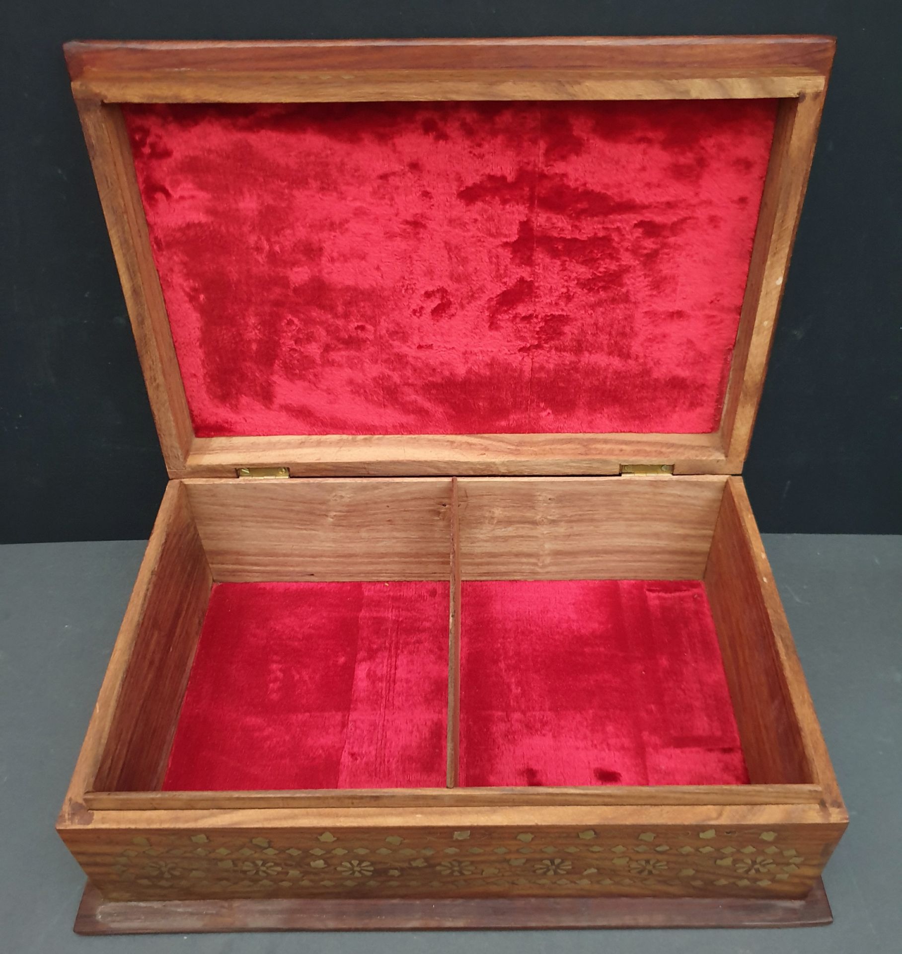 Vintage Carved Hardwood Indian Box Red Velvet Lined - Image 2 of 2