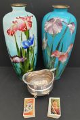 Vintage Enamelled Brass Vases A/F Cigarette Cards and EPNS Jug