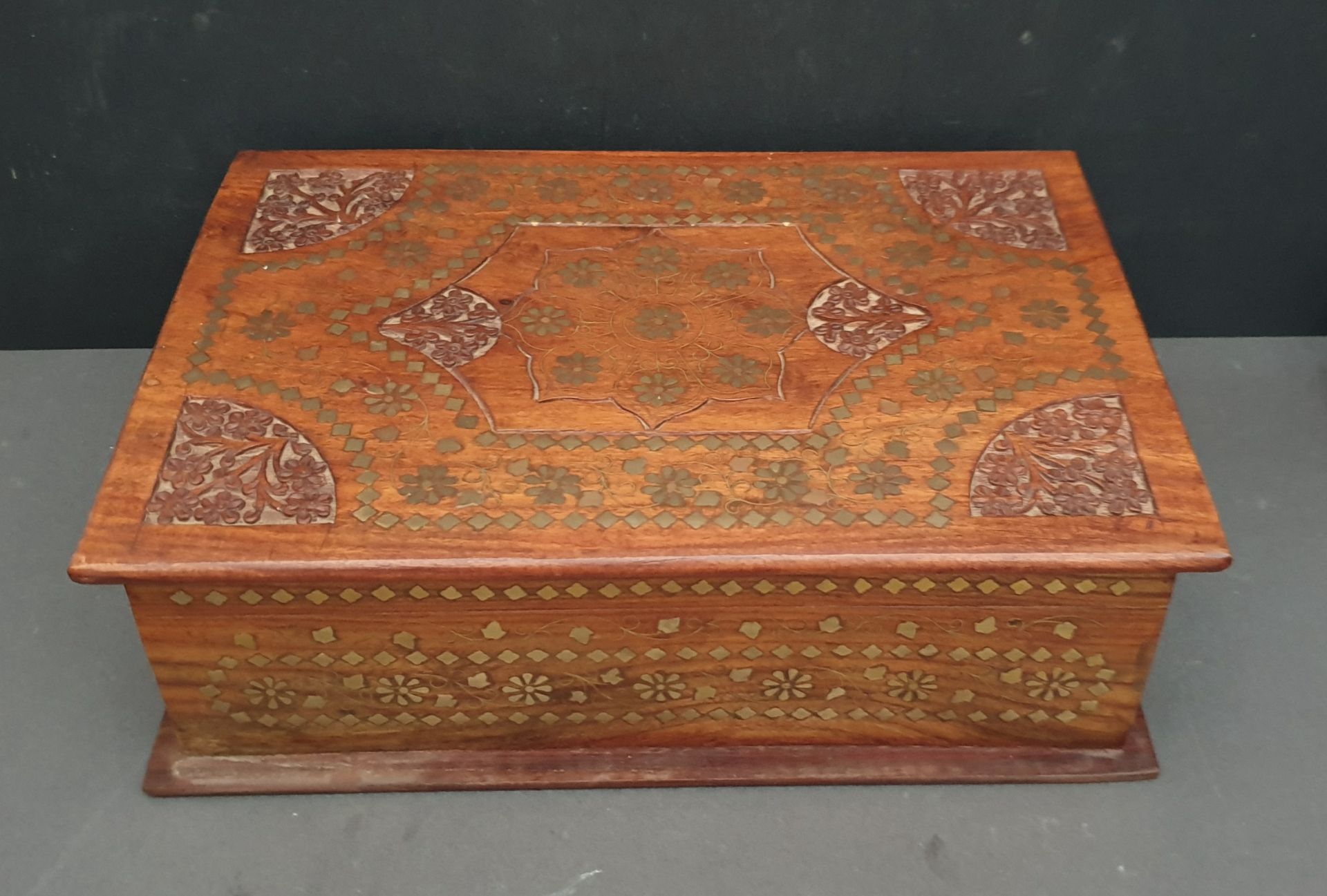 Vintage Carved Hardwood Indian Box Red Velvet Lined