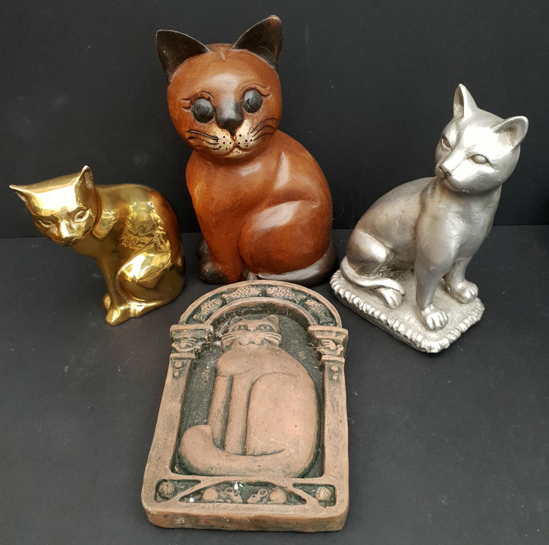 Vintage Parcel of 4 Cat Ornaments Wood Brass and Ceramic