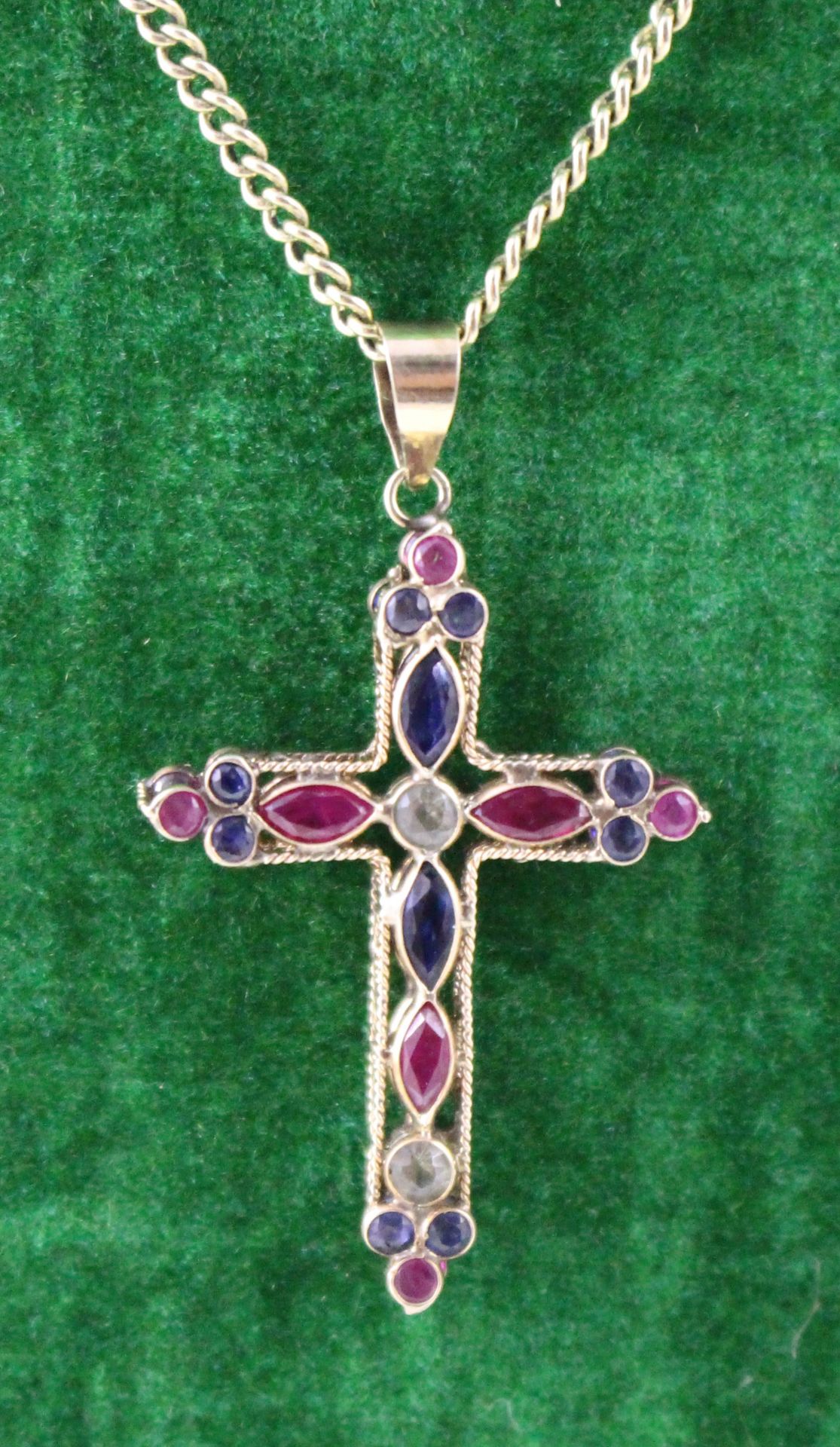 Peridot Ruby & Sapphire Gold Cross on Chain