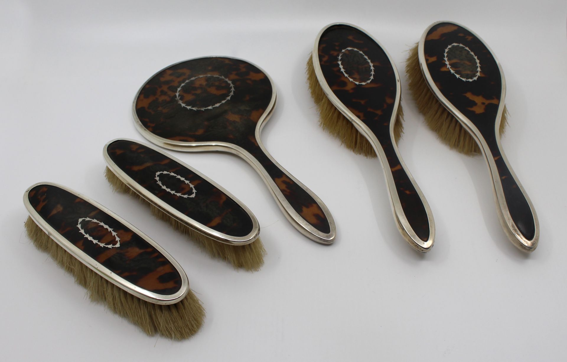 English Five Piece Silver & Tortoiseshell Vanity Brush Set 1923