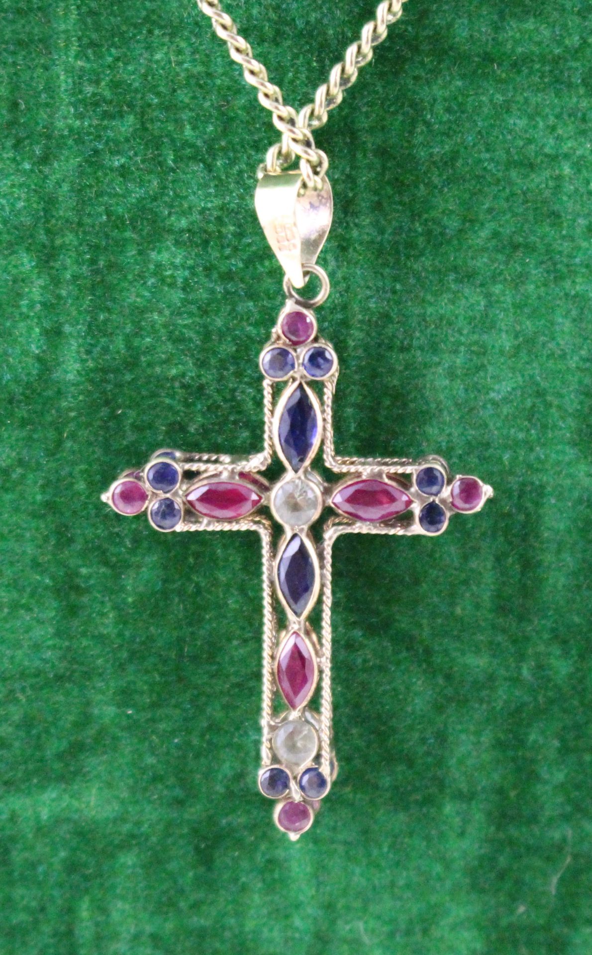 Peridot Ruby & Sapphire Gold Cross on Chain - Image 2 of 3