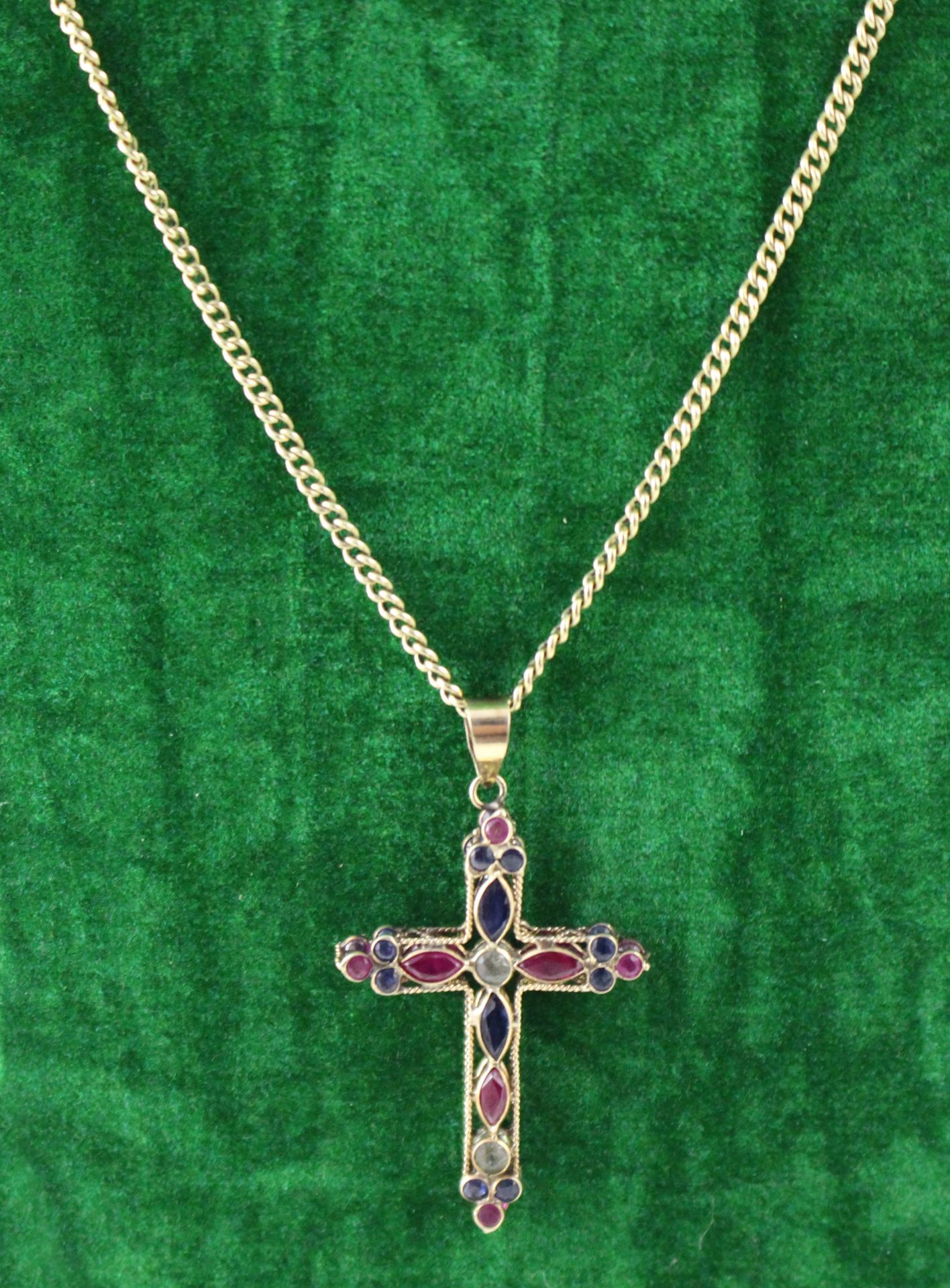 Peridot Ruby & Sapphire Gold Cross on Chain - Image 3 of 3