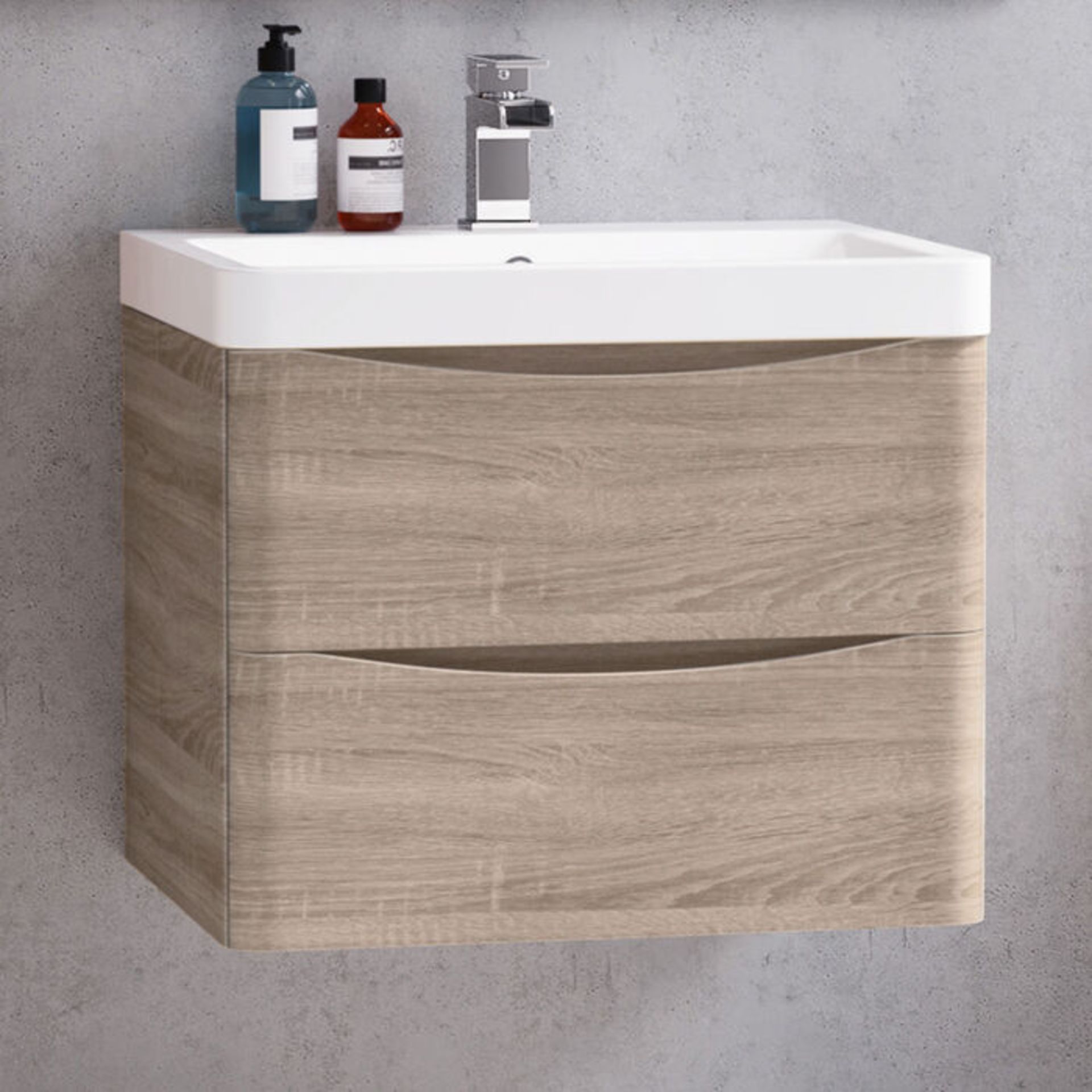 (Z28) 600mm Oak Effect Wall Hung Bathroom Vanity With Sink. RRP £499.99. Comes complete with b...