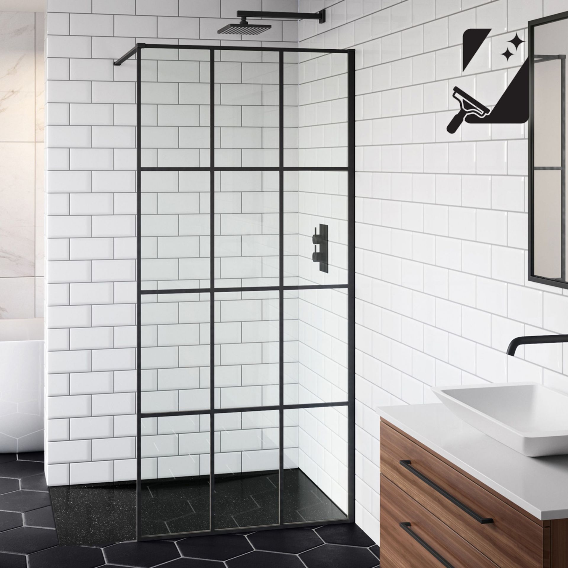 (AA8) 900mm - 8mm Designer Black Shoji Crittall Style Shower Screen. Stylish matte black finish...