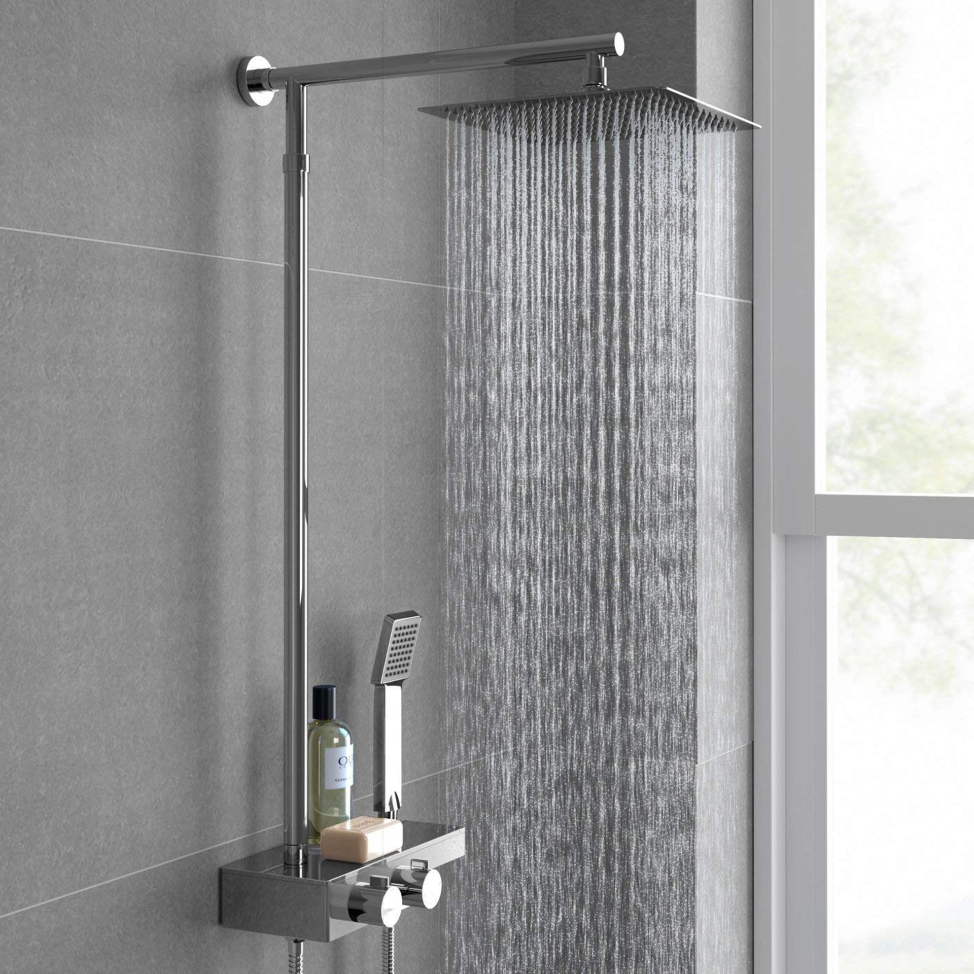 (TT199) Square Thermostatic Bar Mixer Shower Set Valve with Shelf 10" Head + Handset. RRP £349...