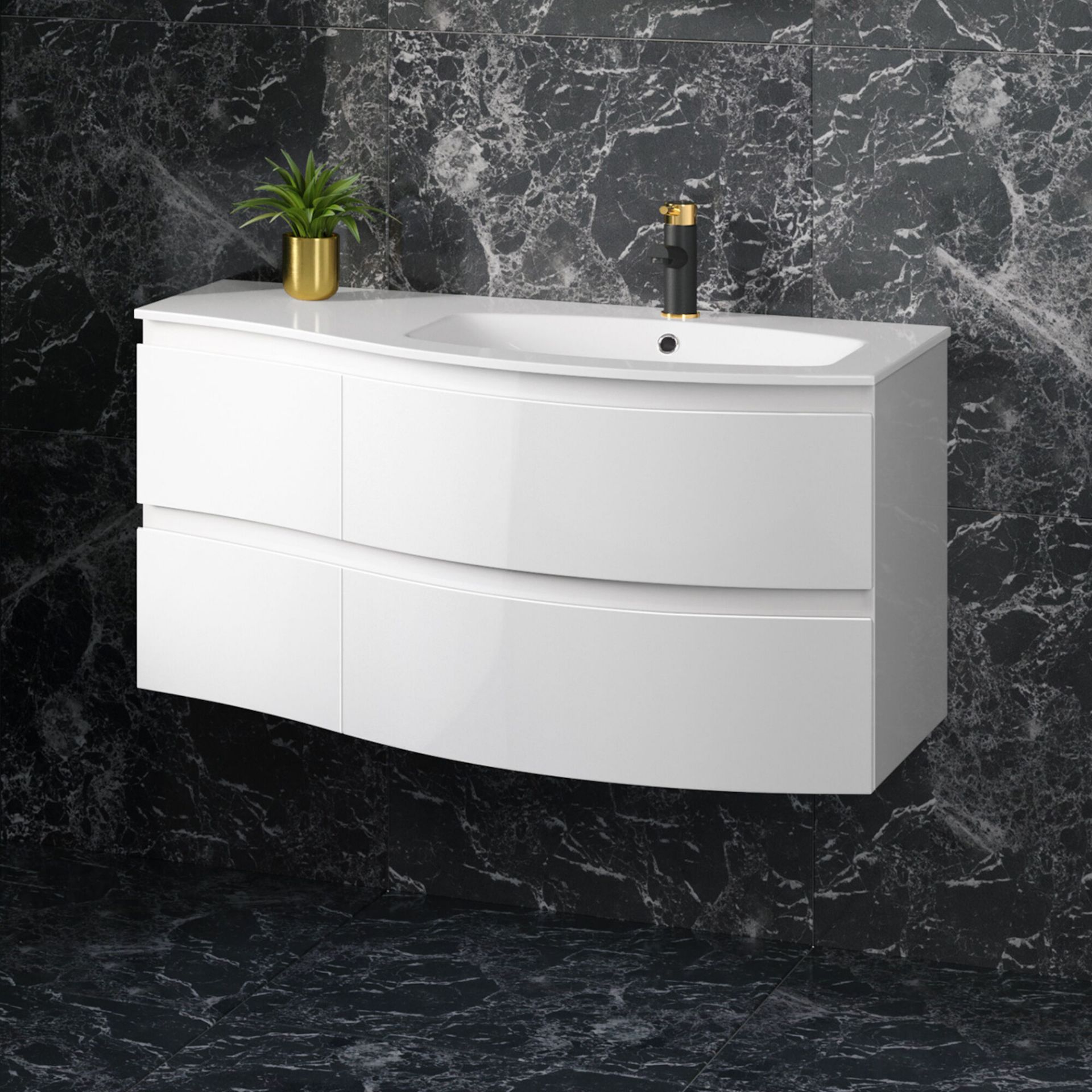 (CC26) 1040mm Amelie High Gloss White Curved Vanity Unit - Right Hand - Wall Hung. Clever wall...