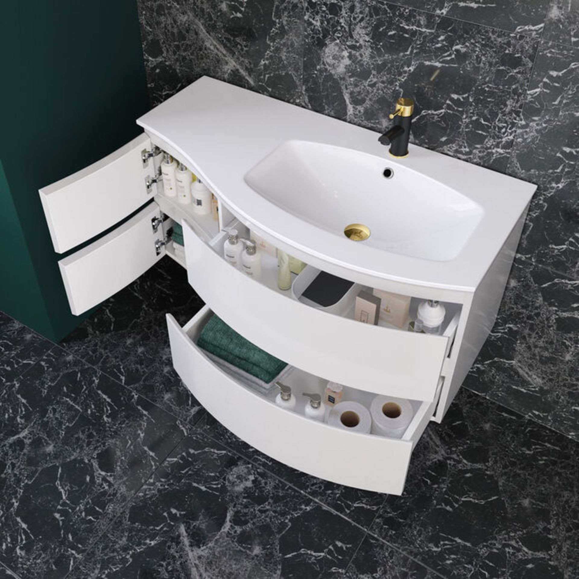 (CC26) 1040mm Amelie High Gloss White Curved Vanity Unit - Right Hand - Wall Hung. Clever wall... - Image 2 of 4