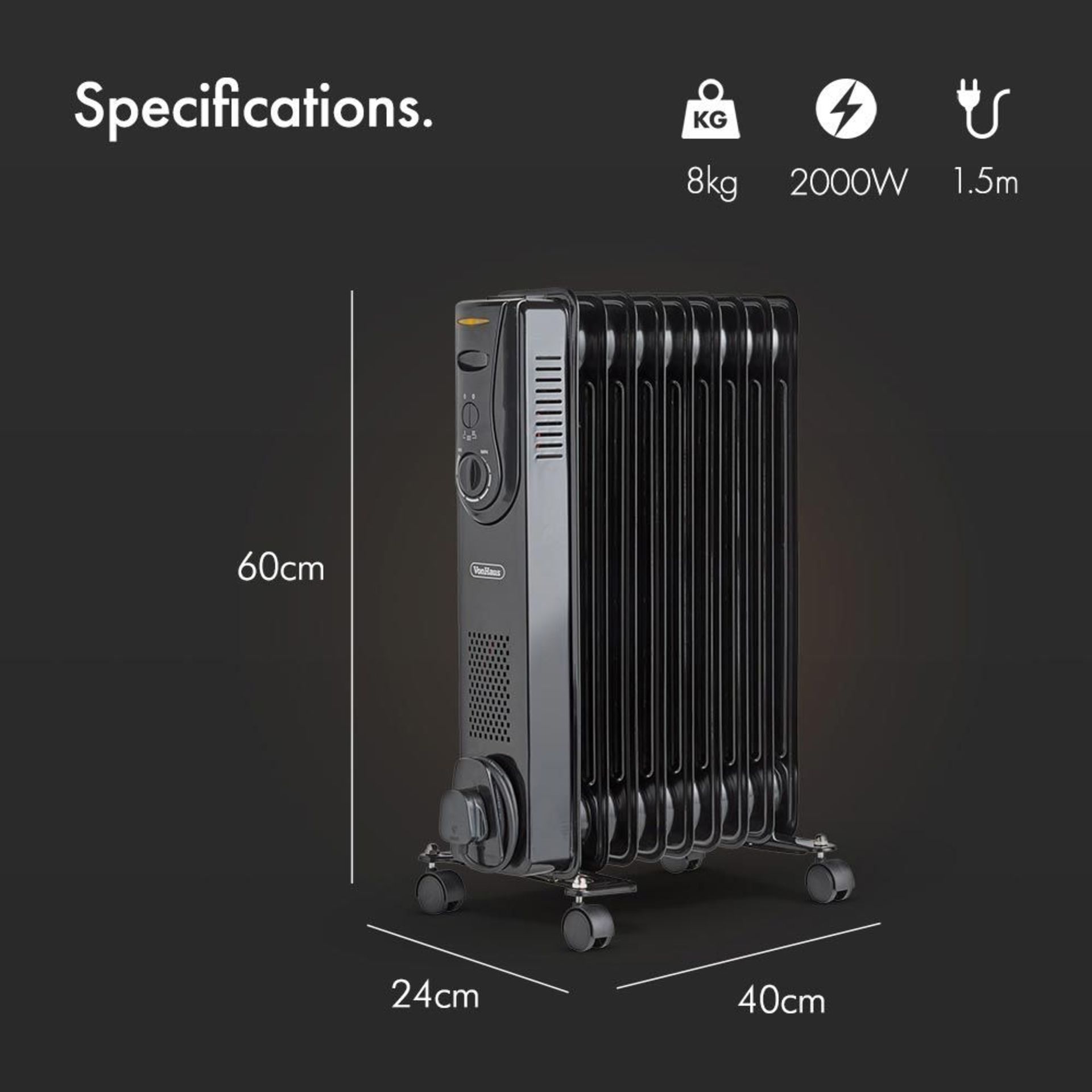 (CP114) 9 Fin 2000W Oil Filled Radiator - Black Powerful 2000W radiator with 9 oil-filled fins...