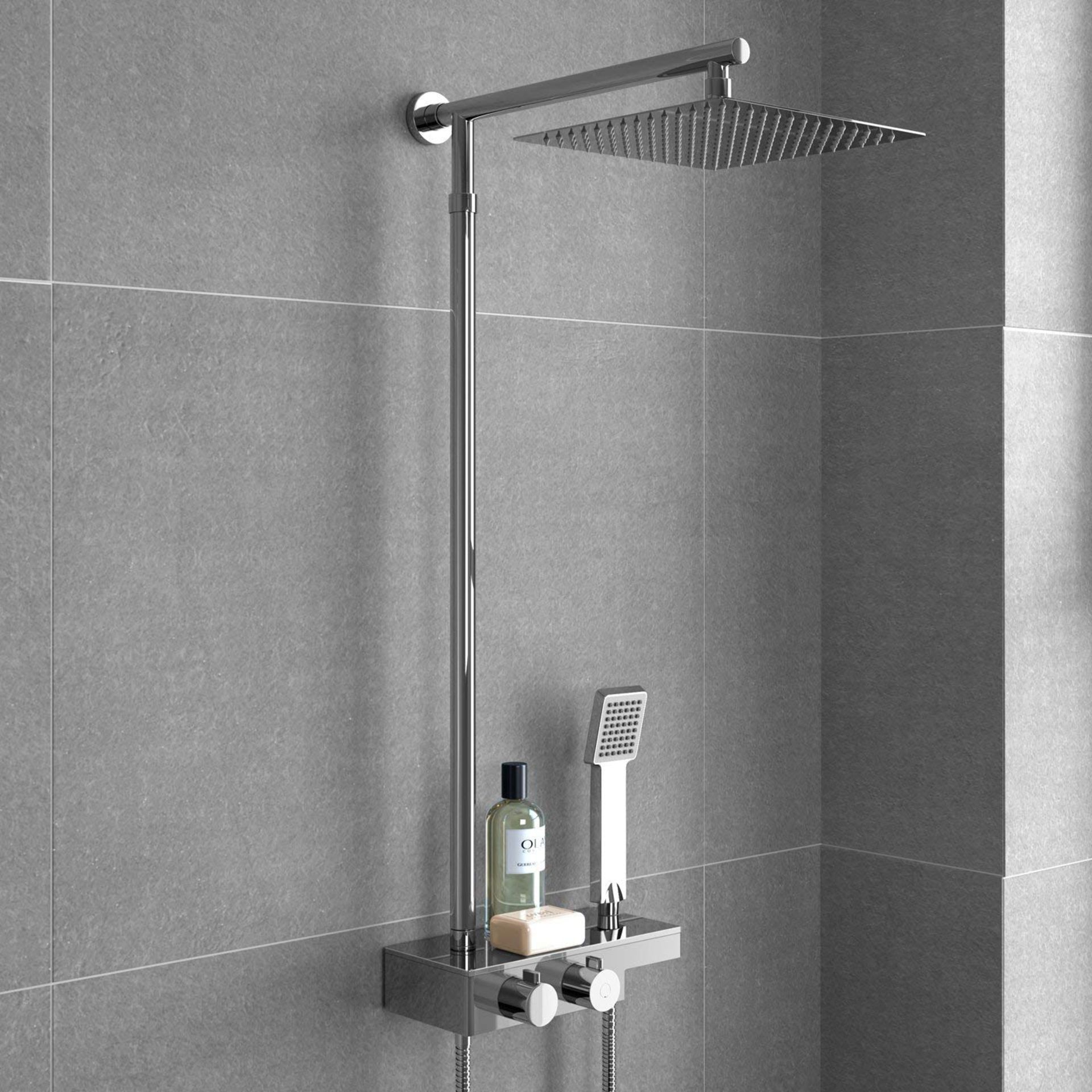 (TT199) Square Thermostatic Bar Mixer Shower Set Valve with Shelf 10" Head + Handset. RRP £349... - Image 2 of 3
