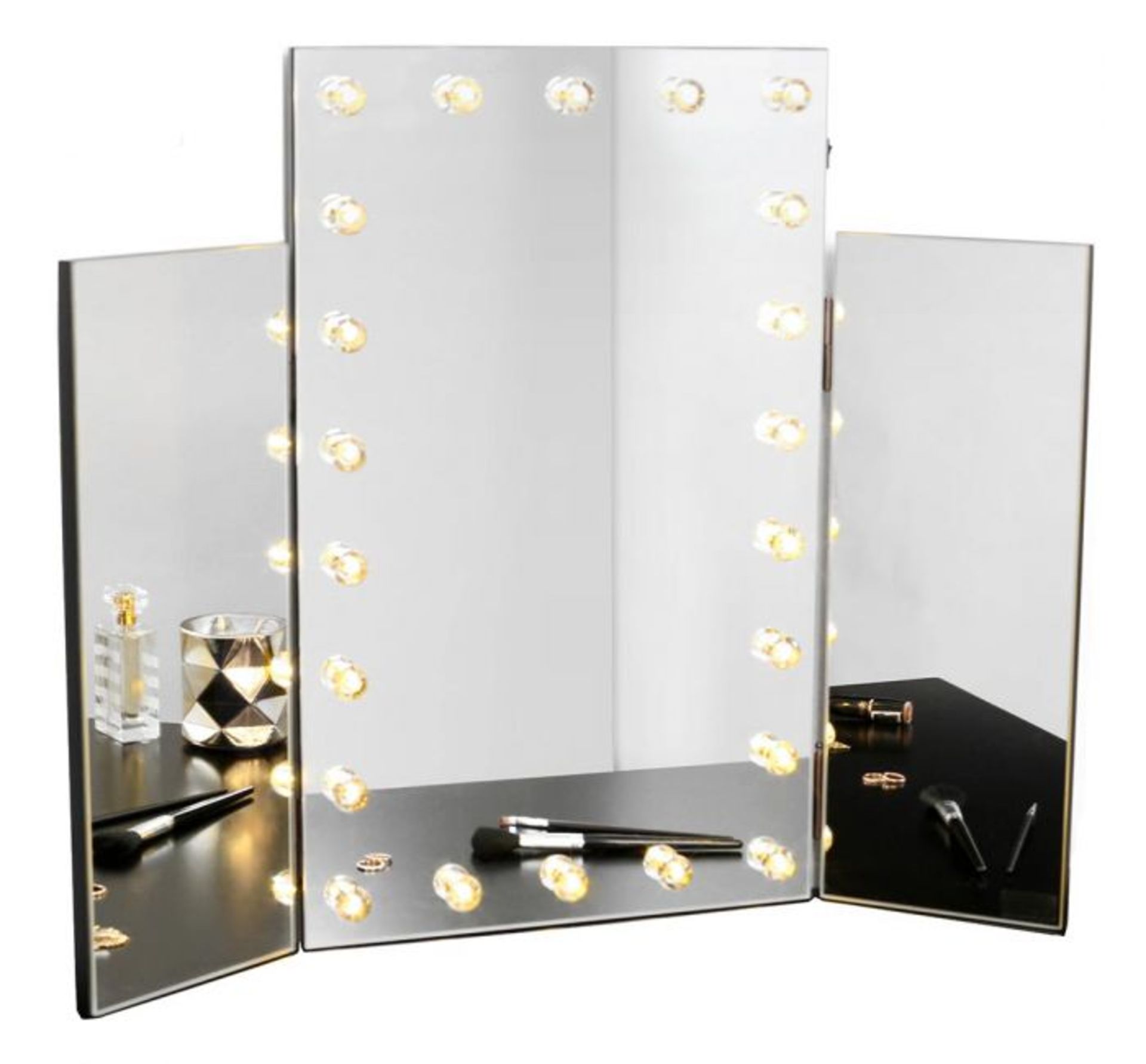 (JL34) Trifold Mirror with Warm LED Lights Large centre mirror with adjustable side mirrors F...