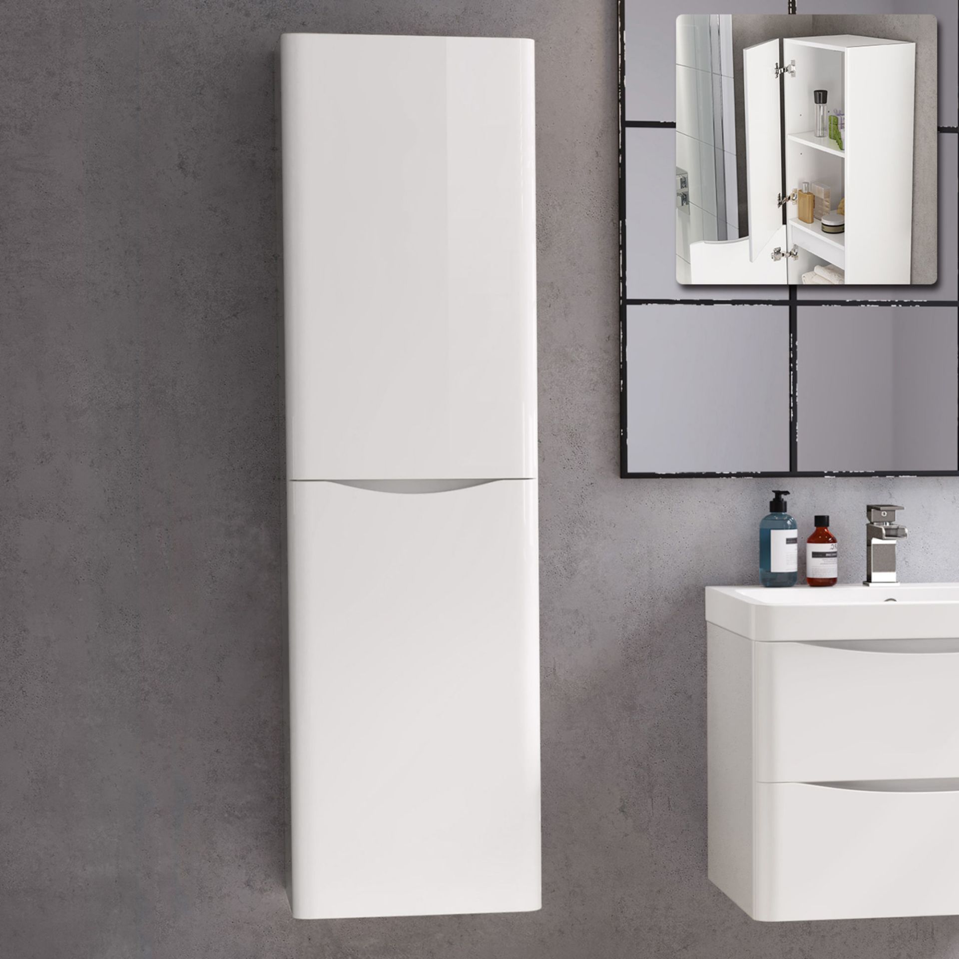 (JL128) 1400mm Hanging bathroom cabinet Austin Left-turning White High-gloss. RRP £399.99. S...