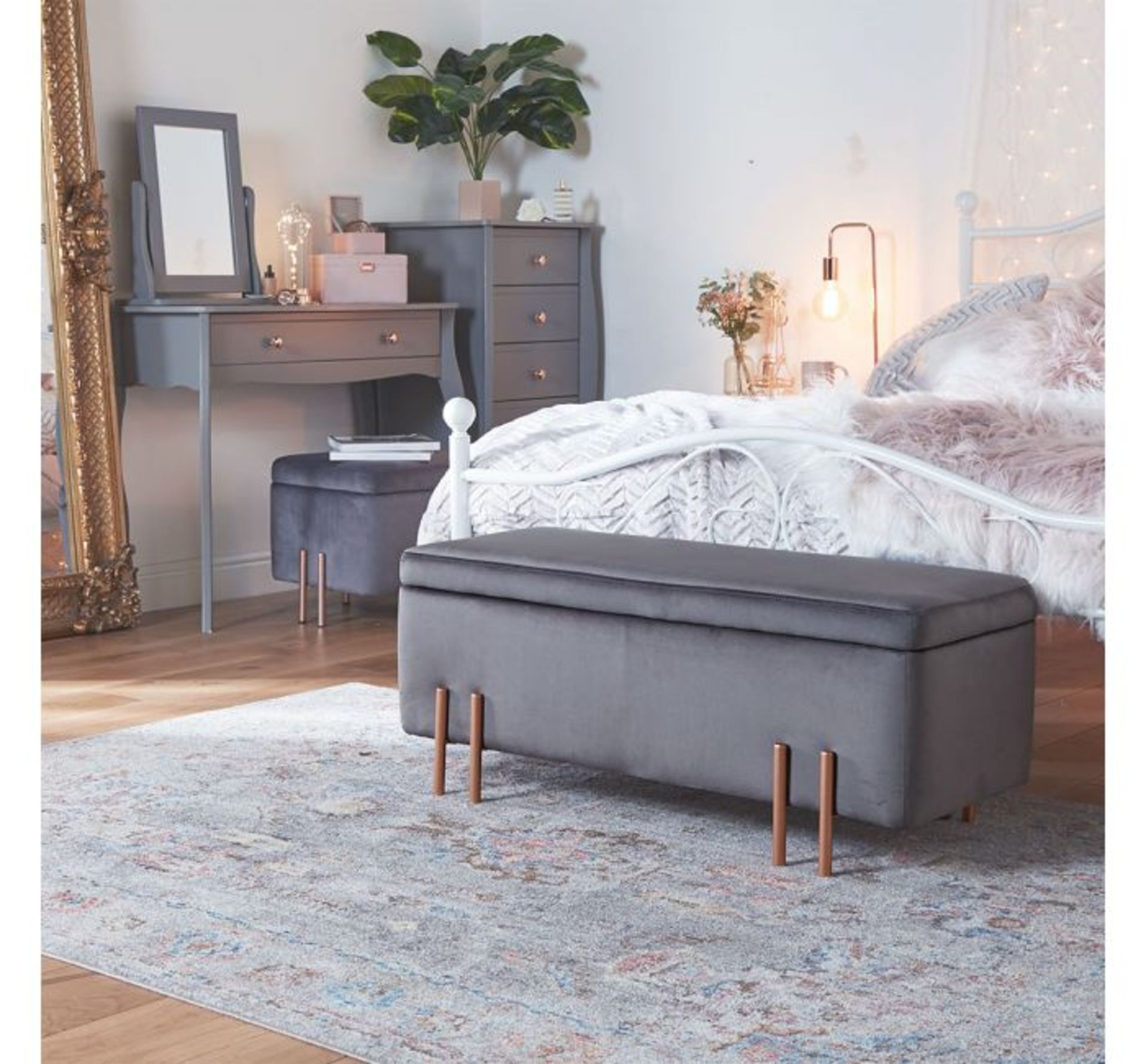 (JL7) Grey Velvet Storage Ottoman Bench Covered in soft and luxurious, plush velvet fabric, wi...