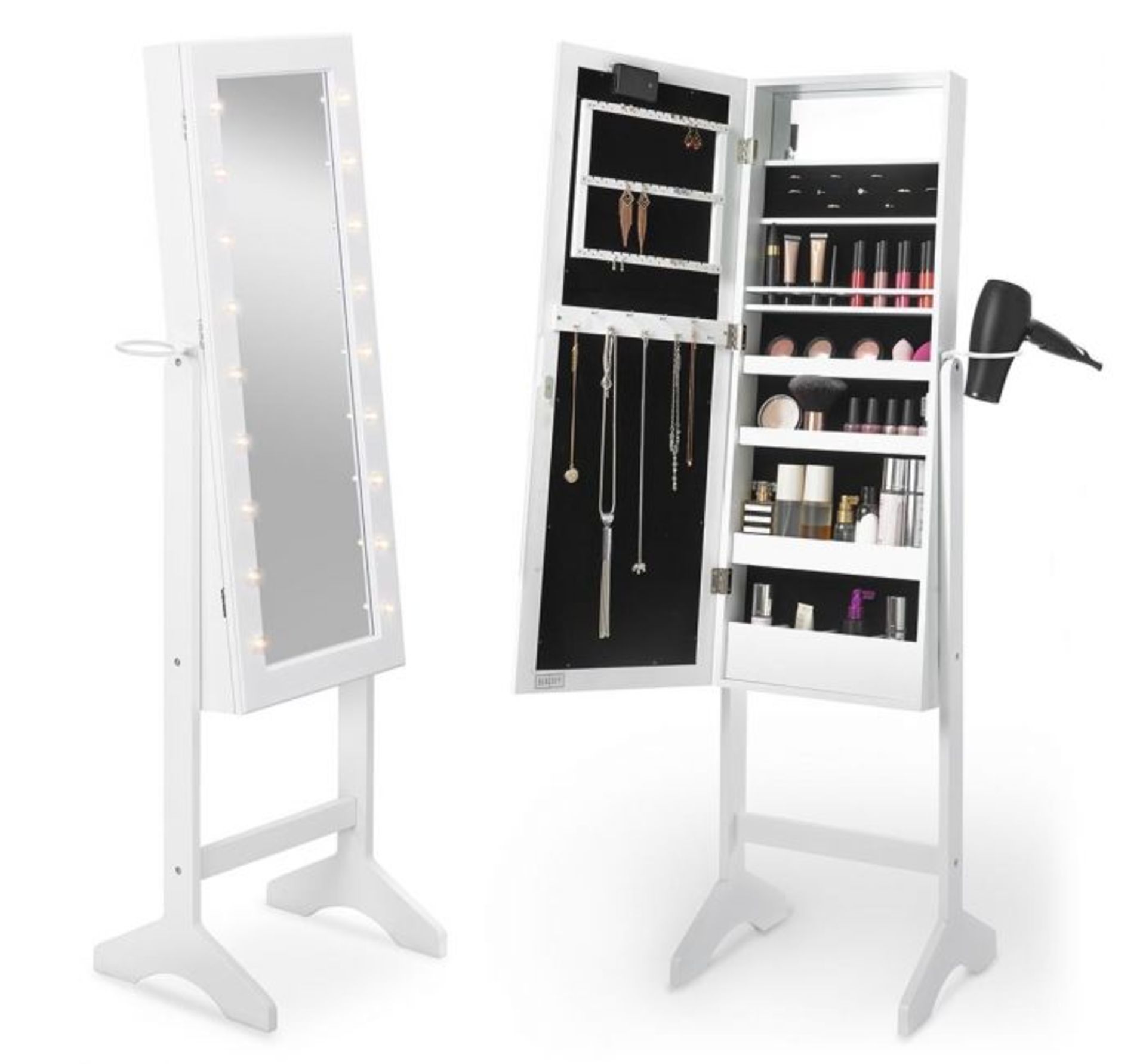 (JL11) White LED Armoire Storage Mirror Free standing mirror and jewellery cabinet holds up to... - Image 2 of 4