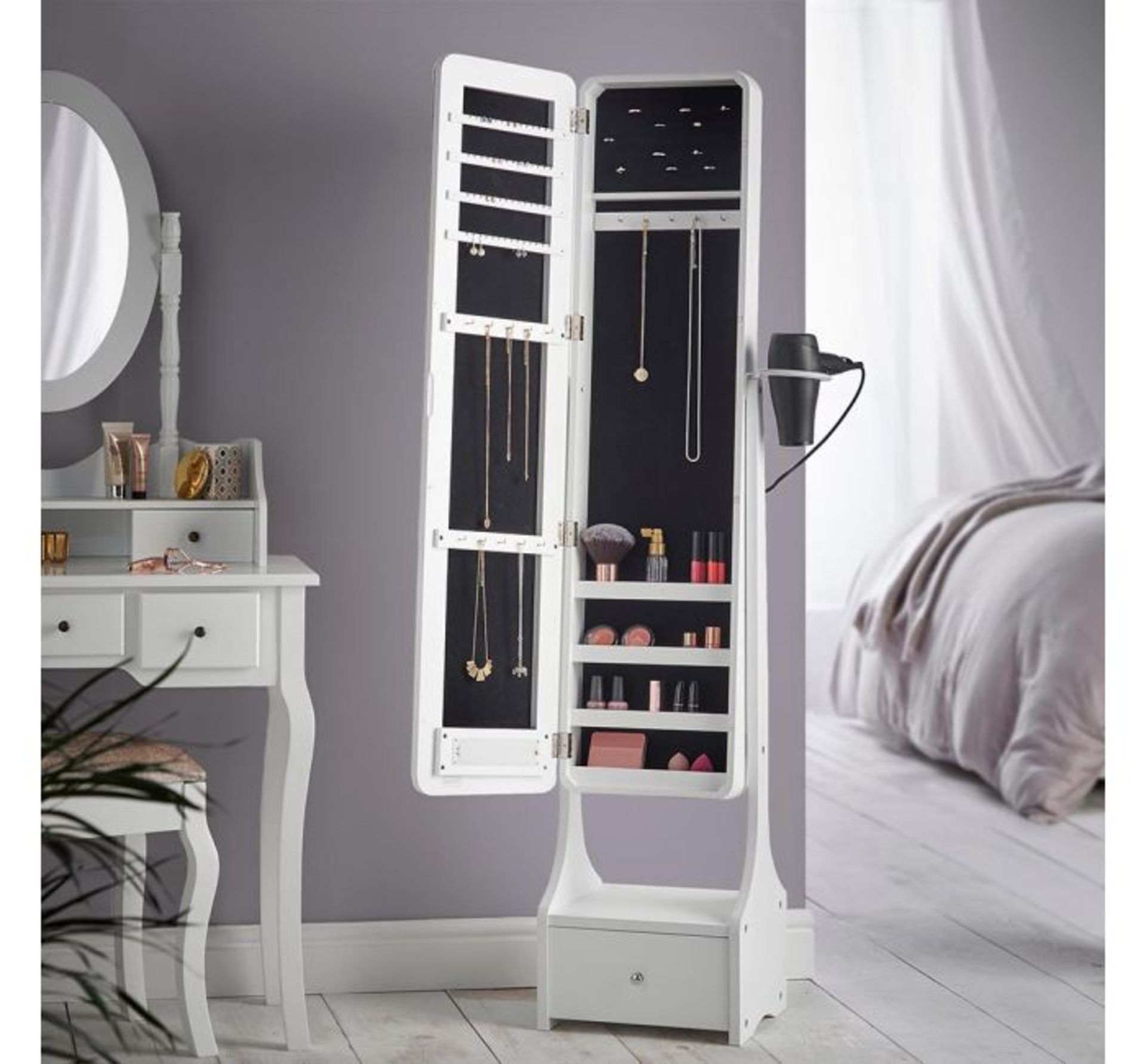 (JL27) White Illuminating LED Armoire Storage Mirror Illuminating mirror with two LED panels a...