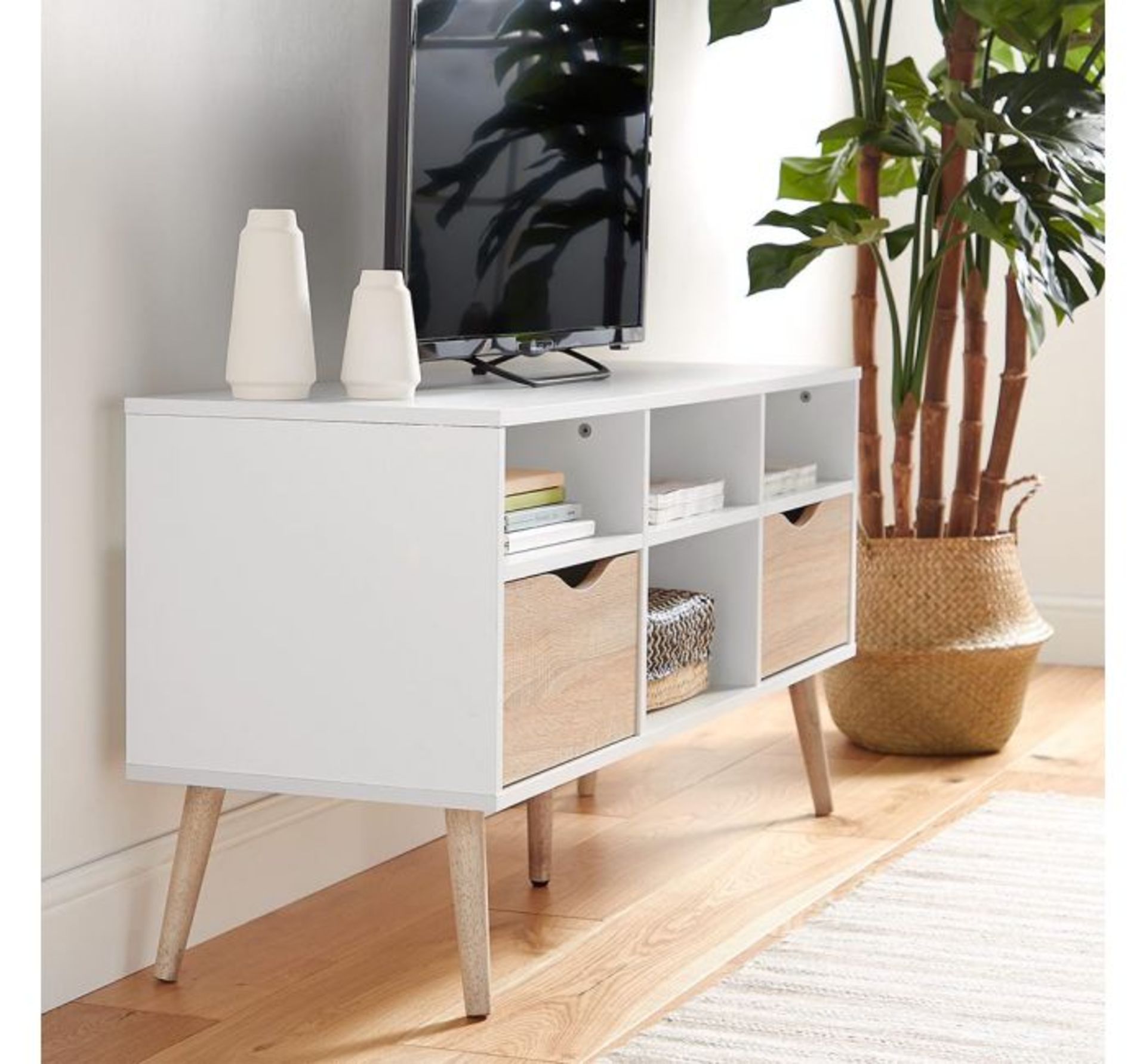 (QP29) White & Oak Large TV Unit Split front features a 3 narrow shelves, 2 large drawers and ... ( - Image 3 of 3