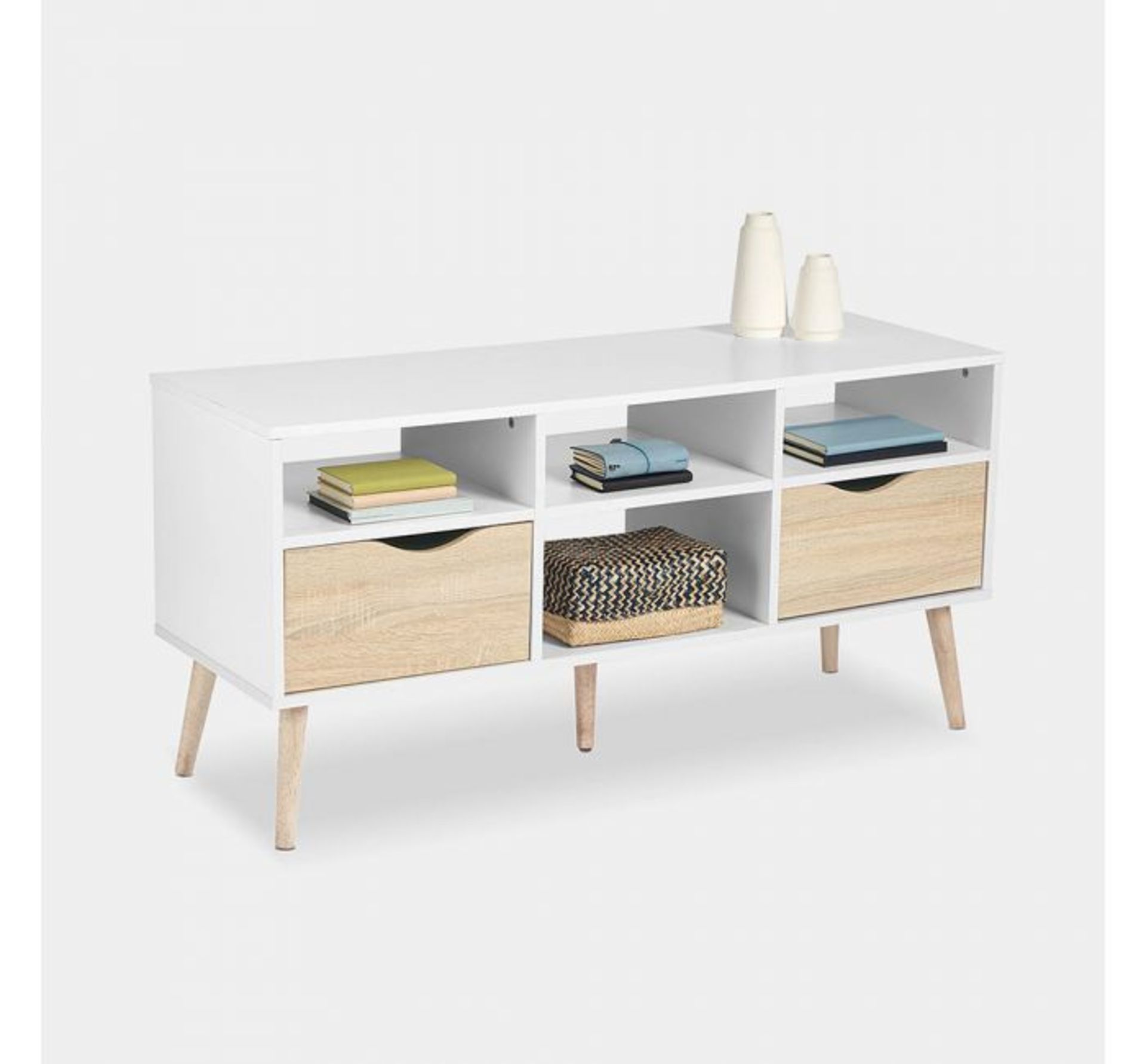 (QP29) White & Oak Large TV Unit Split front features a 3 narrow shelves, 2 large drawers and ... ( - Image 2 of 3