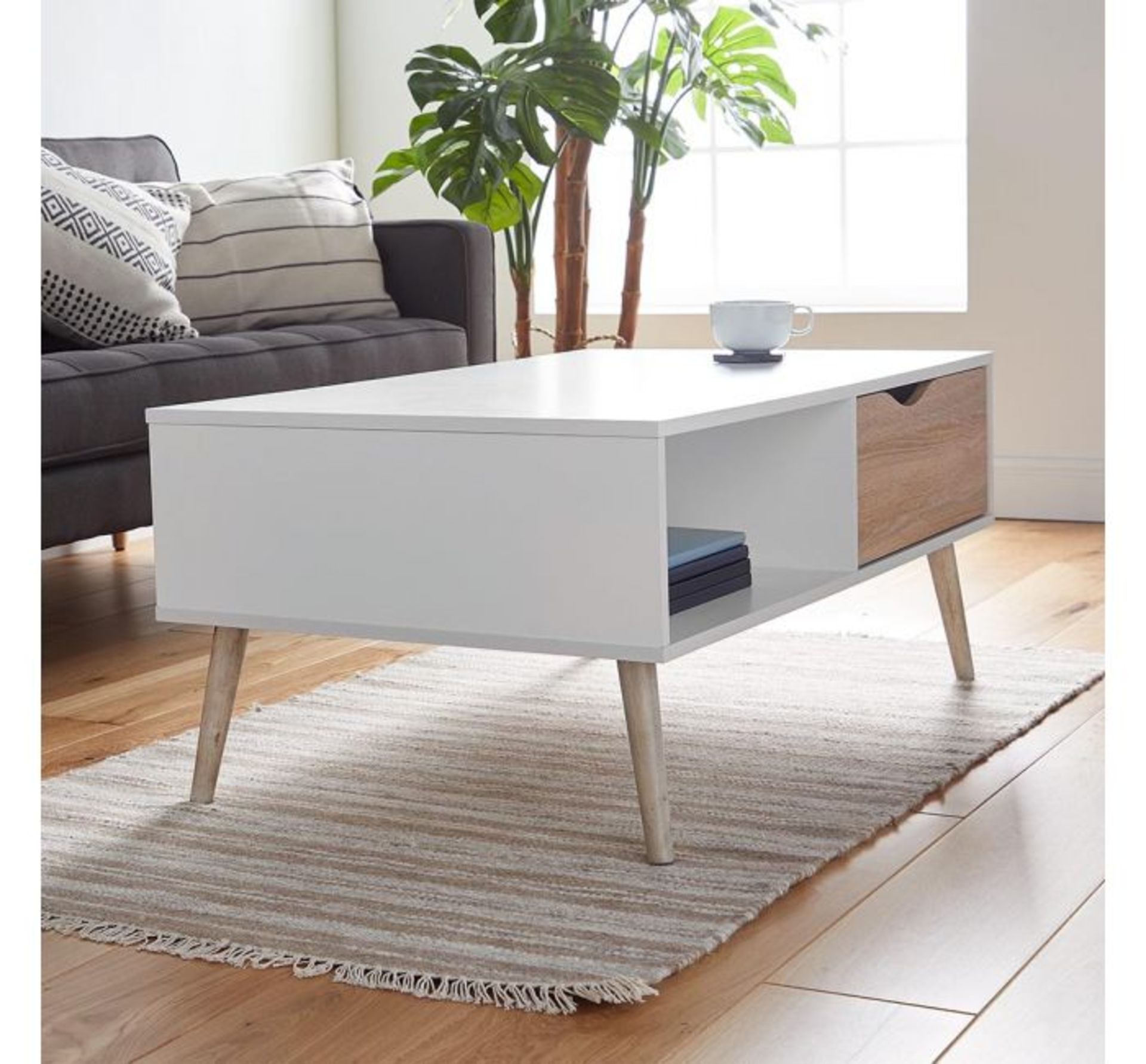 (QP27) White & Oak Coffee Table Split front features an open shelf on one side and a drawer on... ( - Image 3 of 3