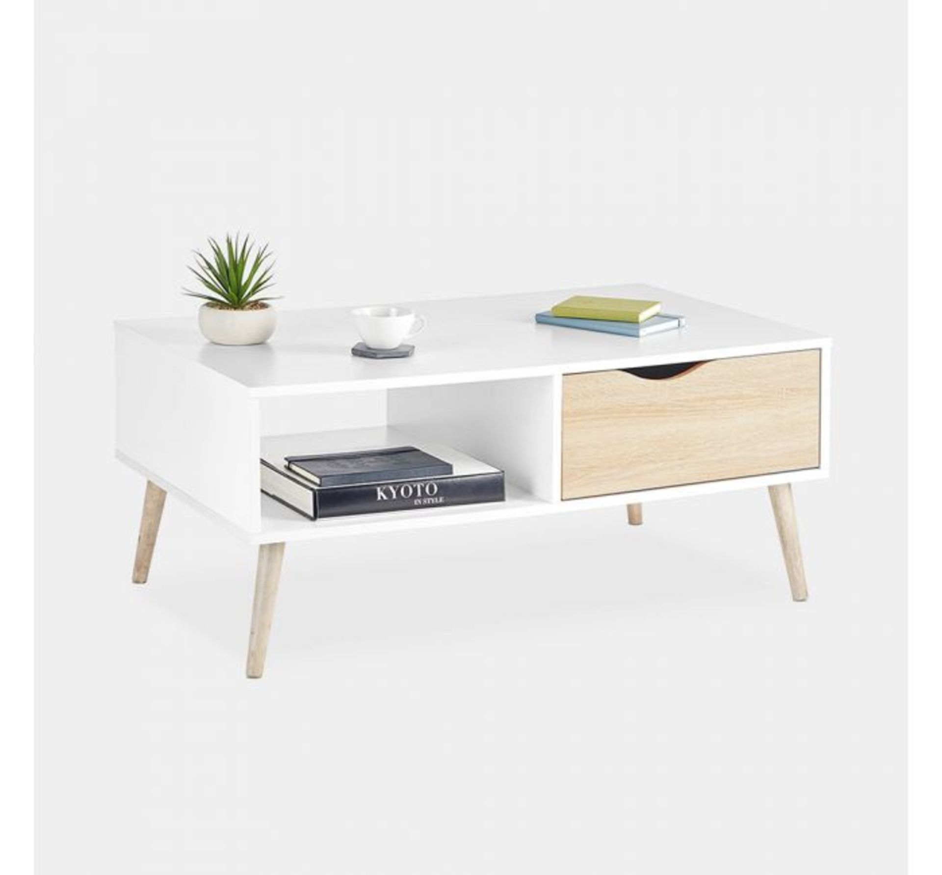 (QP27) White & Oak Coffee Table Split front features an open shelf on one side and a drawer on... ( - Image 2 of 3