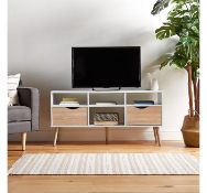 (QP29) White & Oak Large TV Unit Split front features a 3 narrow shelves, 2 large drawers and ... (